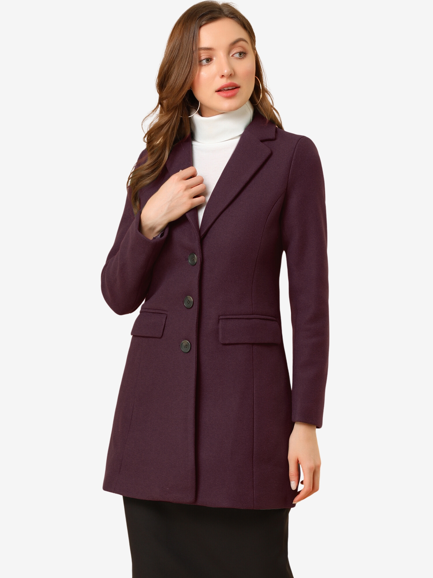 Notched Lapel Single Breasted Winter Outwear Long Coat Purplish red/XL