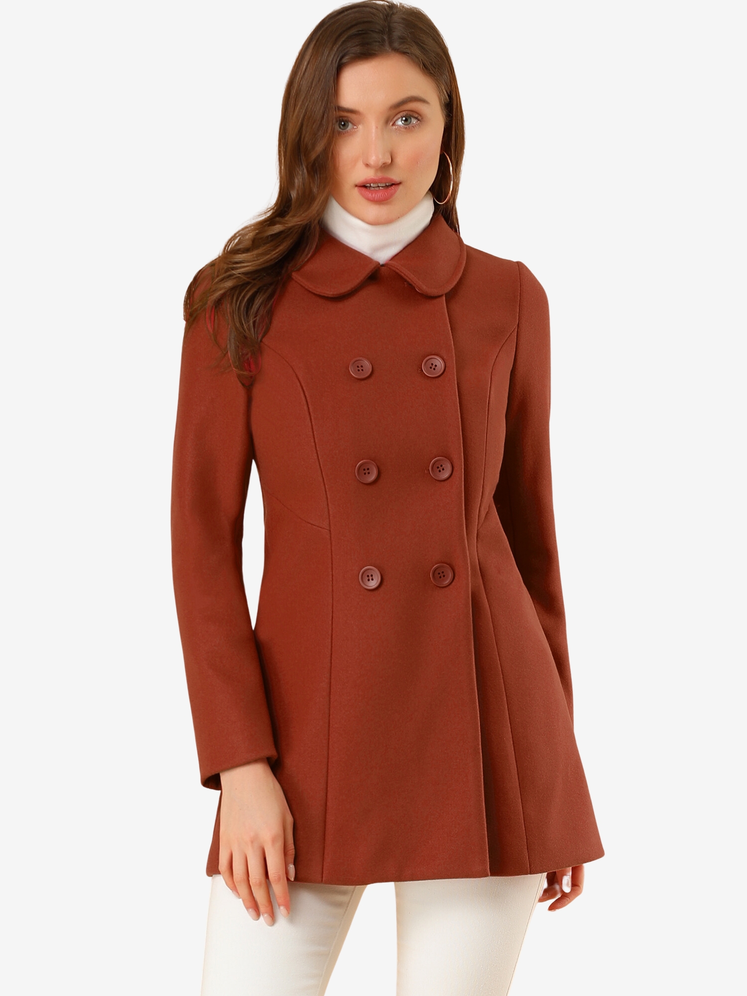 Peter Pan Collar Double Breasted Winter Long Trench Pea Coat Brown/L