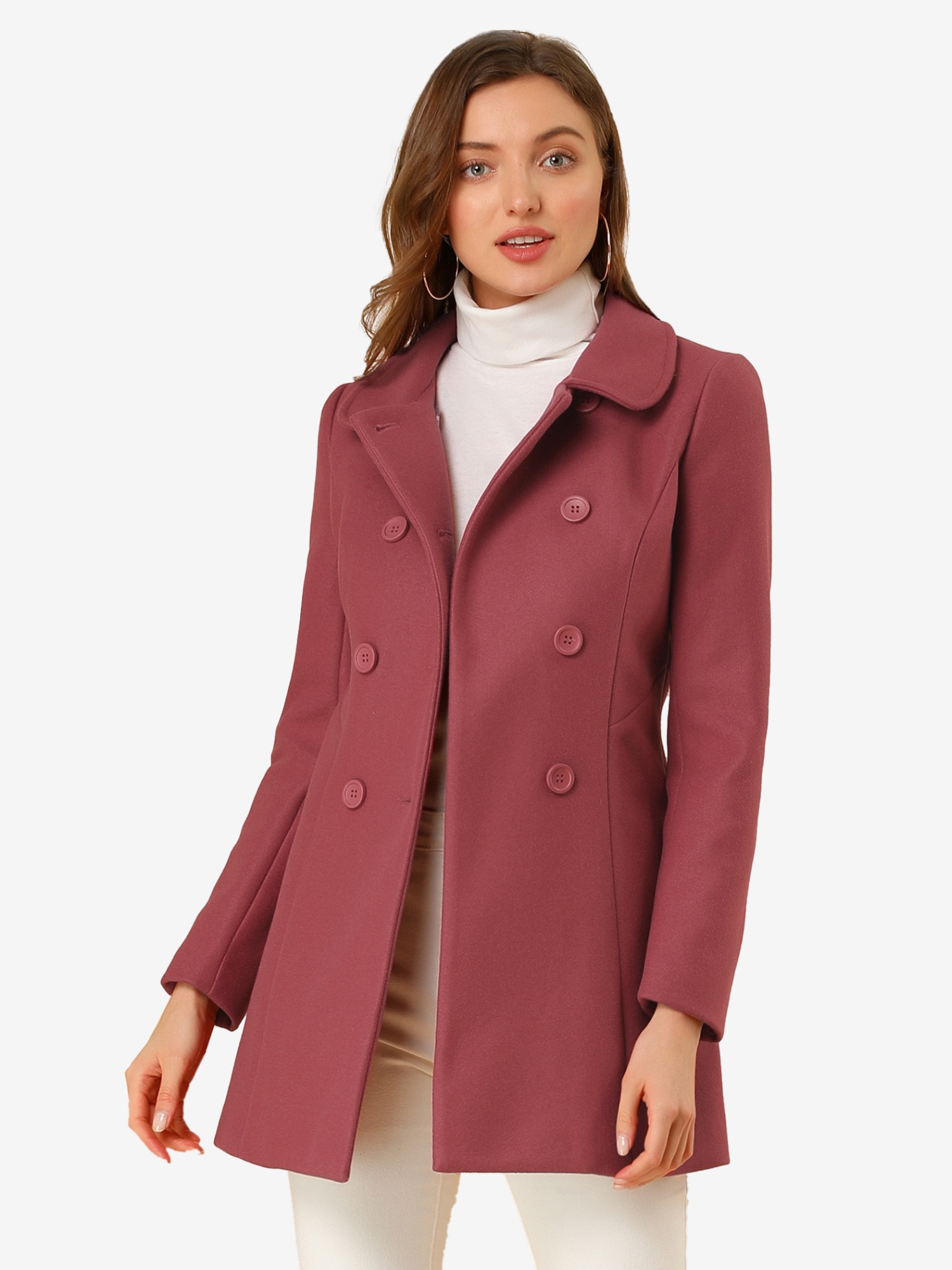 Peter Pan Collar Double Breasted Winter Long Trench Pea Coat Dark Pink/S