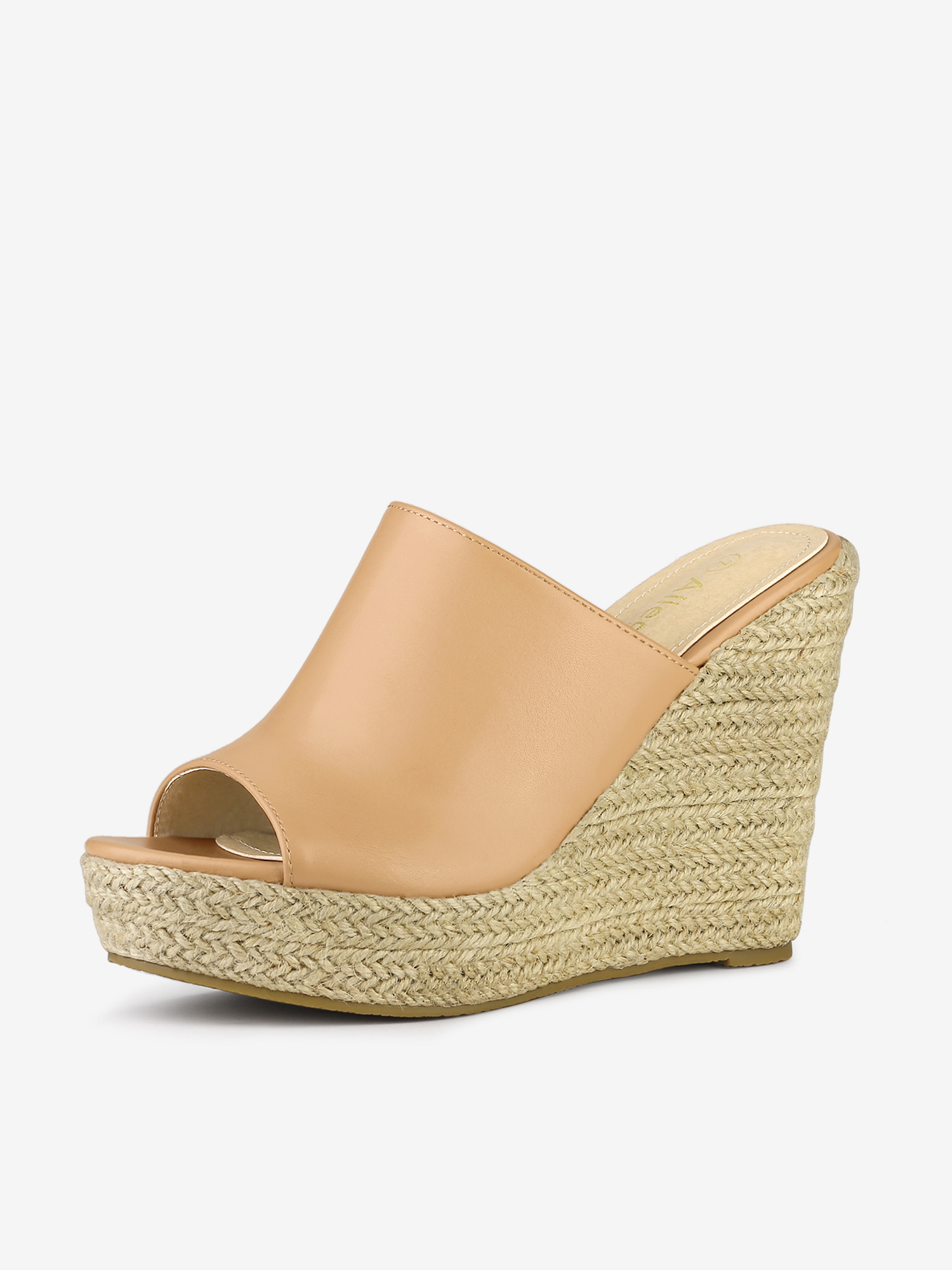 PU Leather Open Toe Espadrille Wedge Platform Mules Nude/10