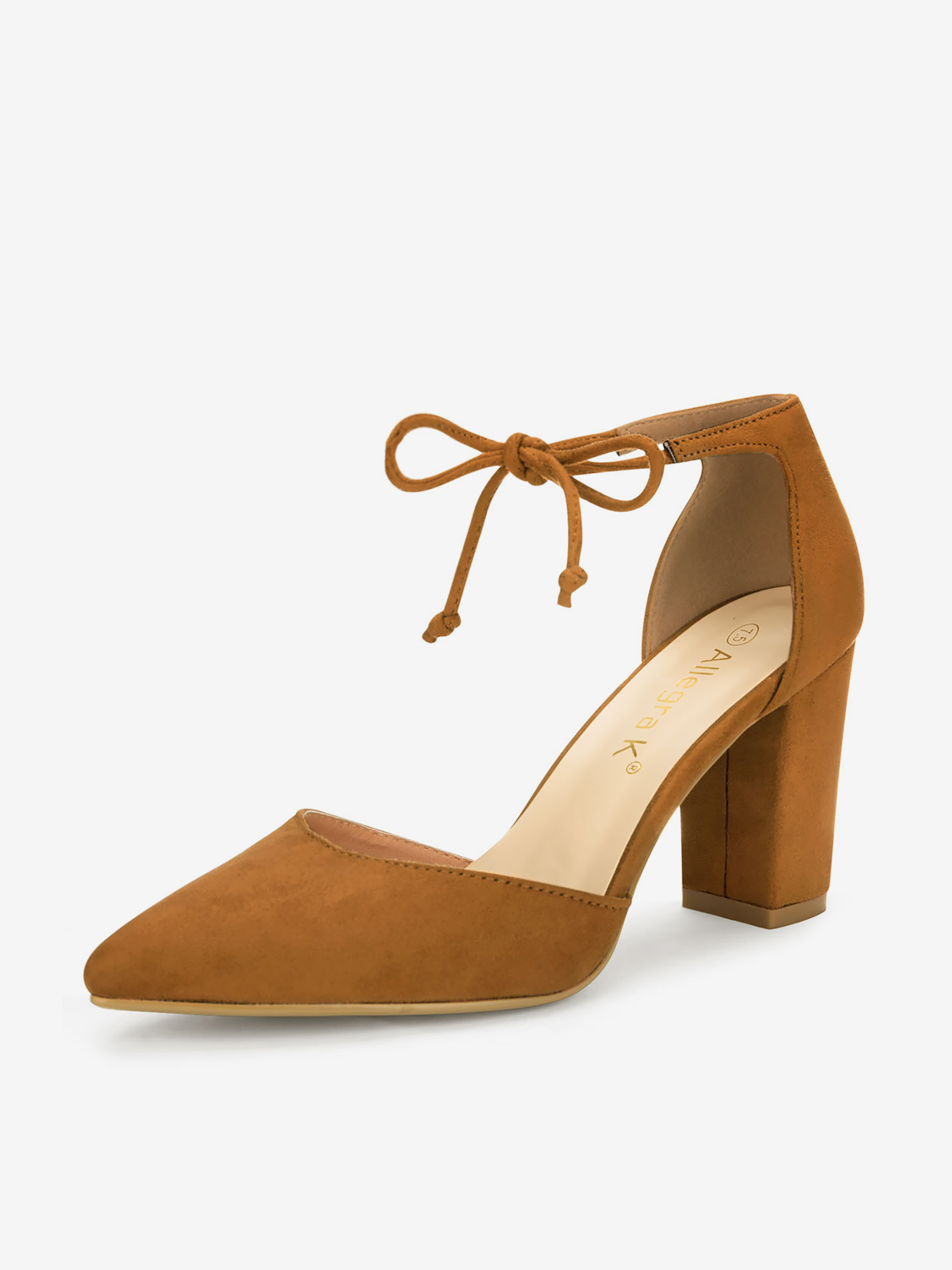 Tapered Straps Ankle Tie Point Toe Chunky Heel Pumps Brown/10