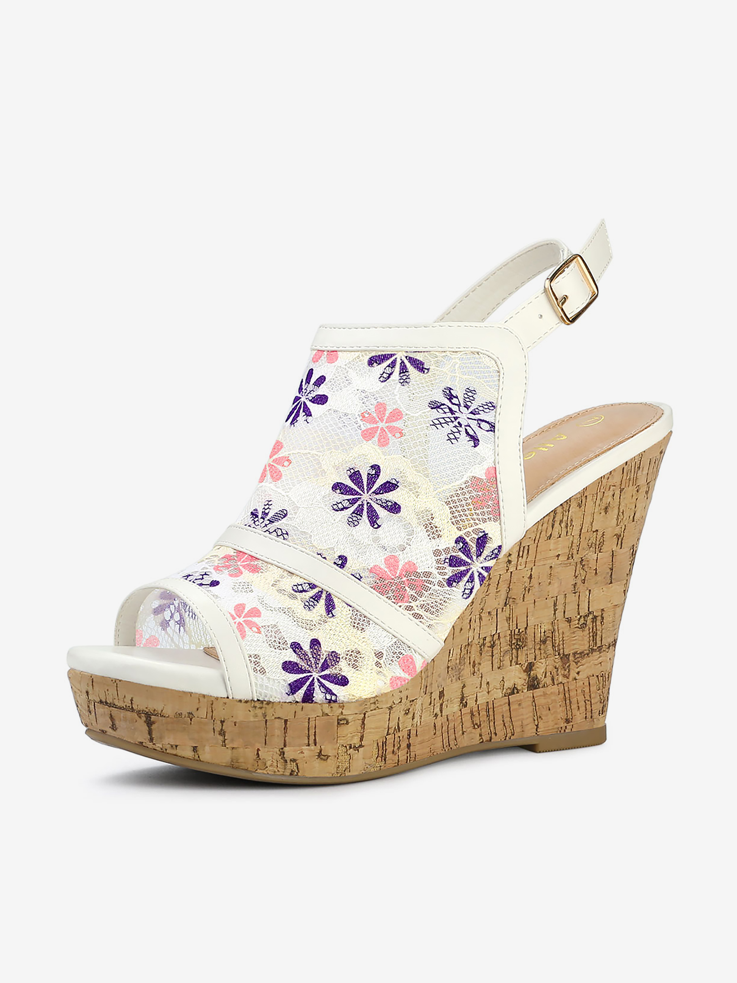 Open Toe Platform Heel Lace Wedge Slingback Sandals White Purple/6