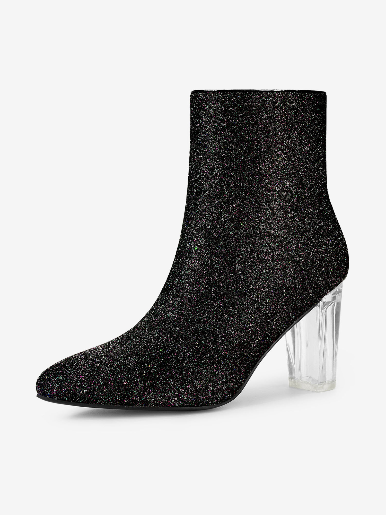 Pointed Toe Clear Block Heel Glitter Ankle Boots Black/7
