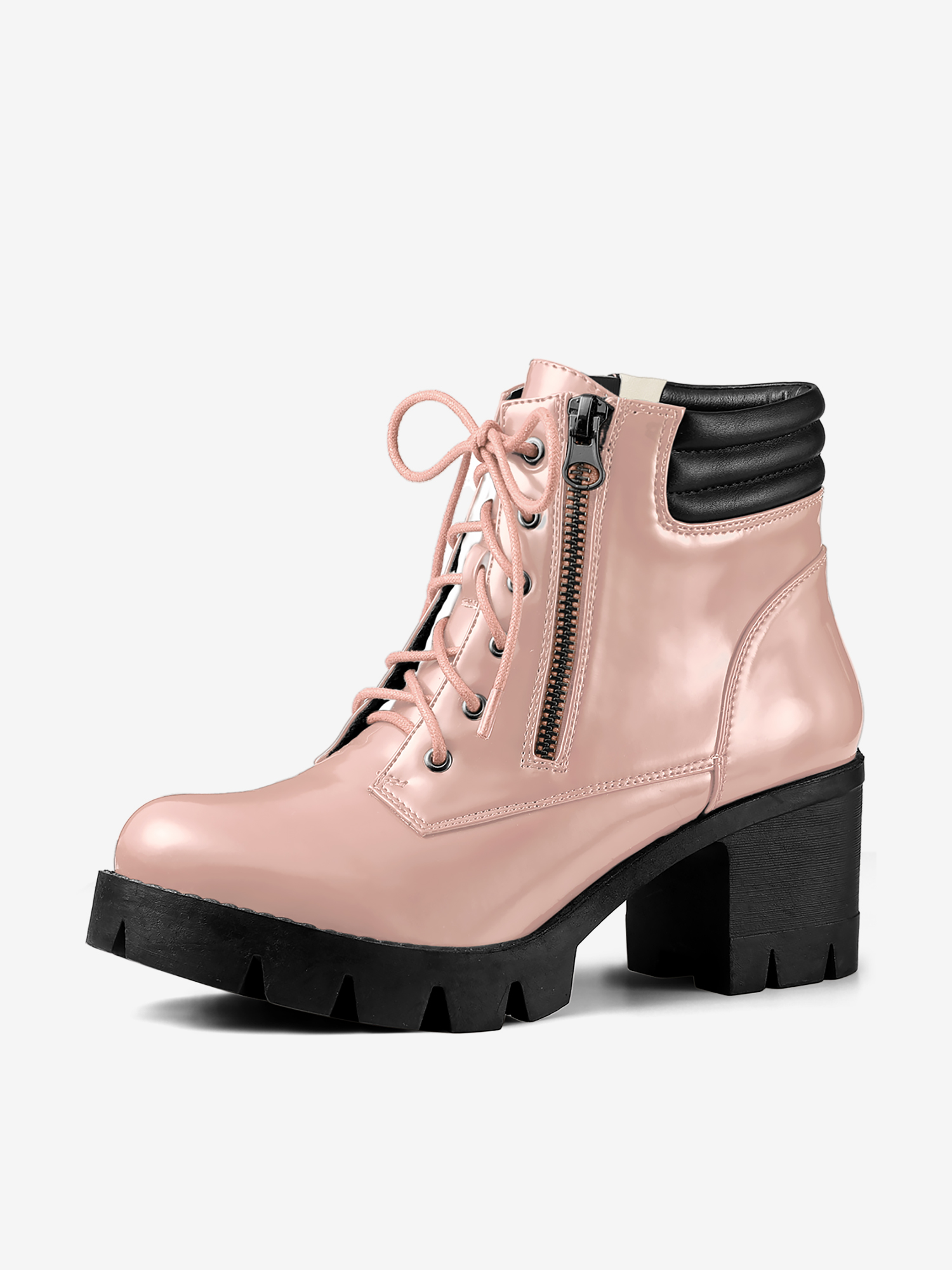 Lug Sole Zip Combat Block Heel Ankle Boots Pink/9.5