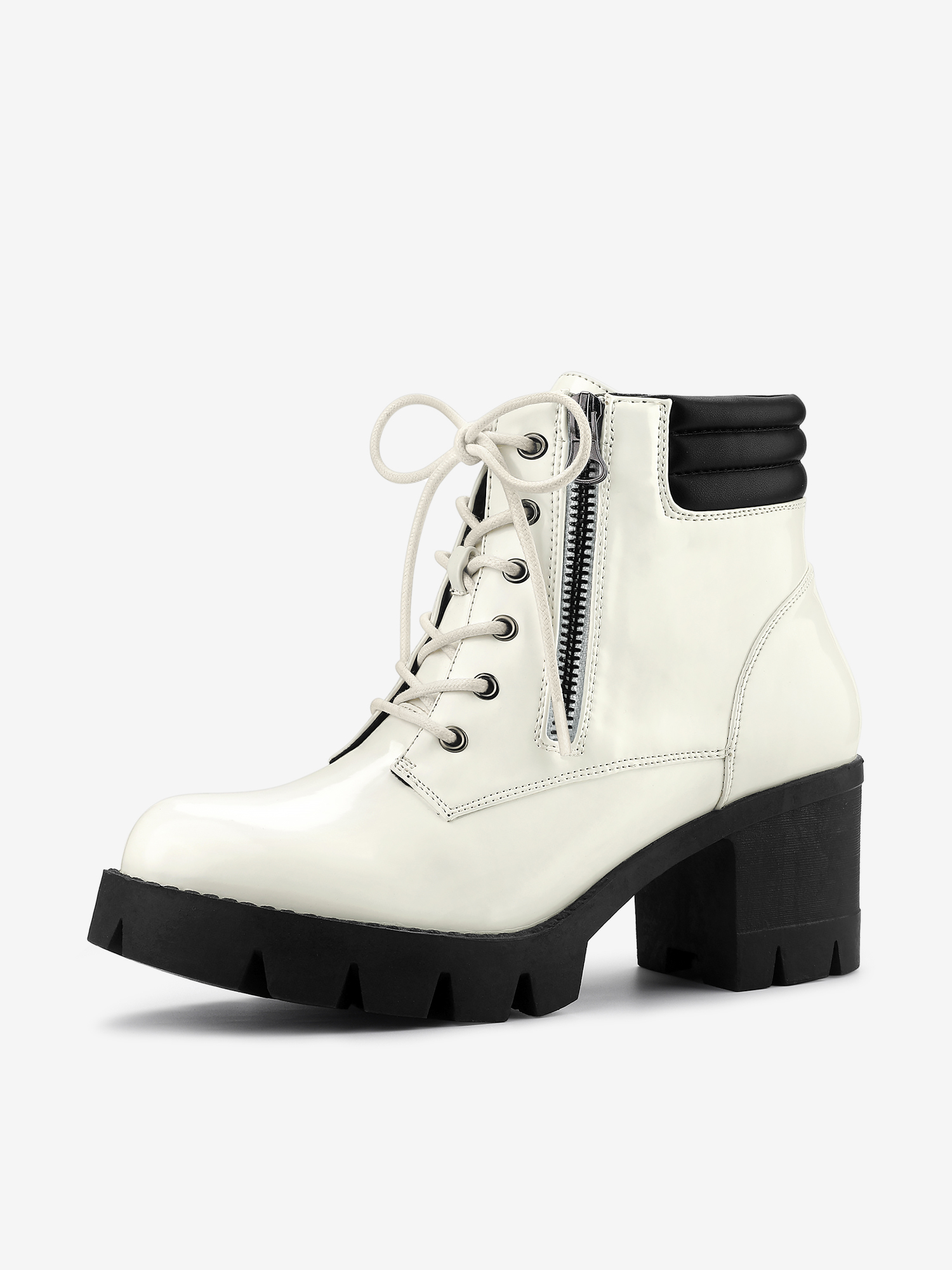 Lug Sole Zip Combat Block Heel Ankle Boots White/7