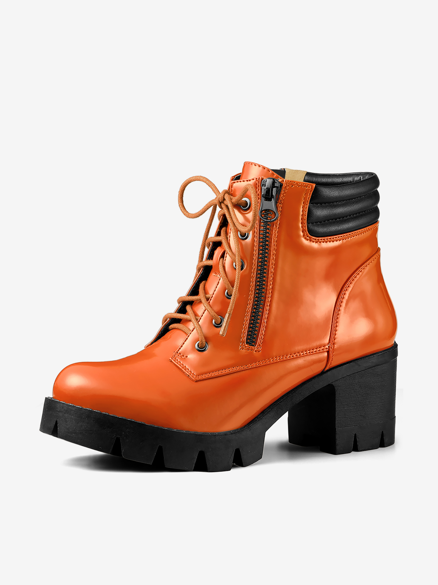 Lug Sole Zip Combat Block Heel Ankle Boots Orange/7