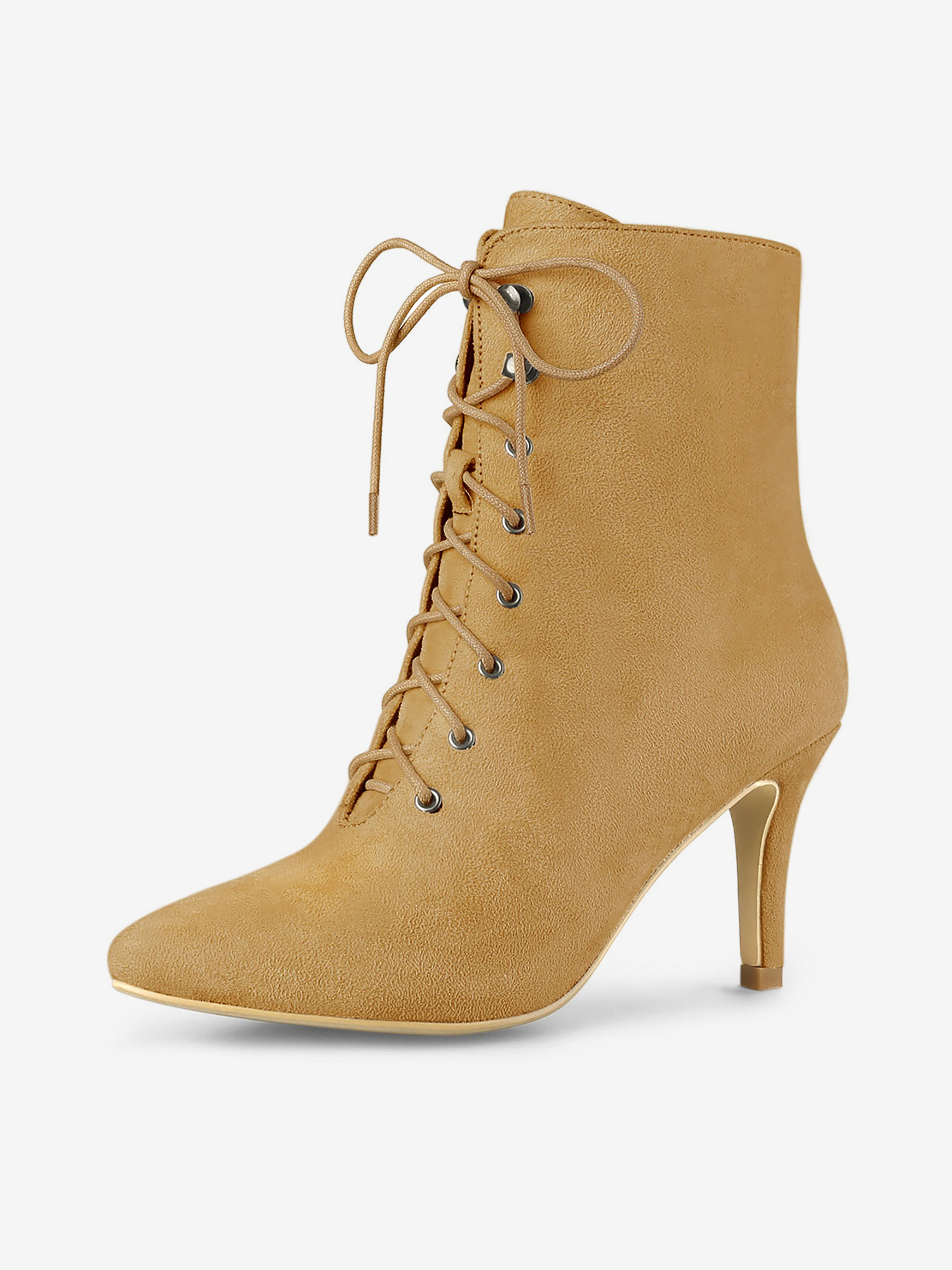 Pointy Toe Zip Lace Up Stiletto Heel Ankle Boots Camel/6.5