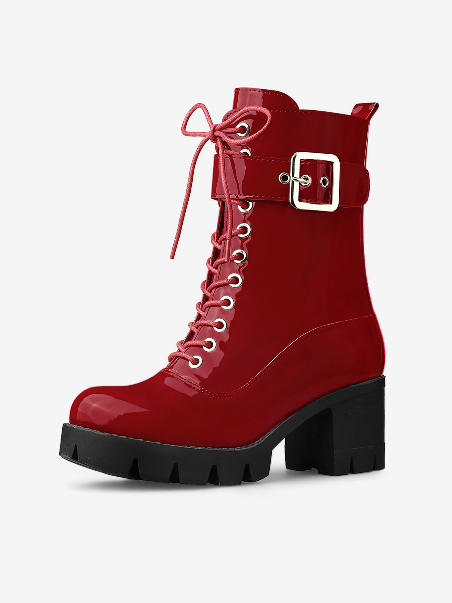 Zip Platform Chunky Heel Combat Boots Red/8