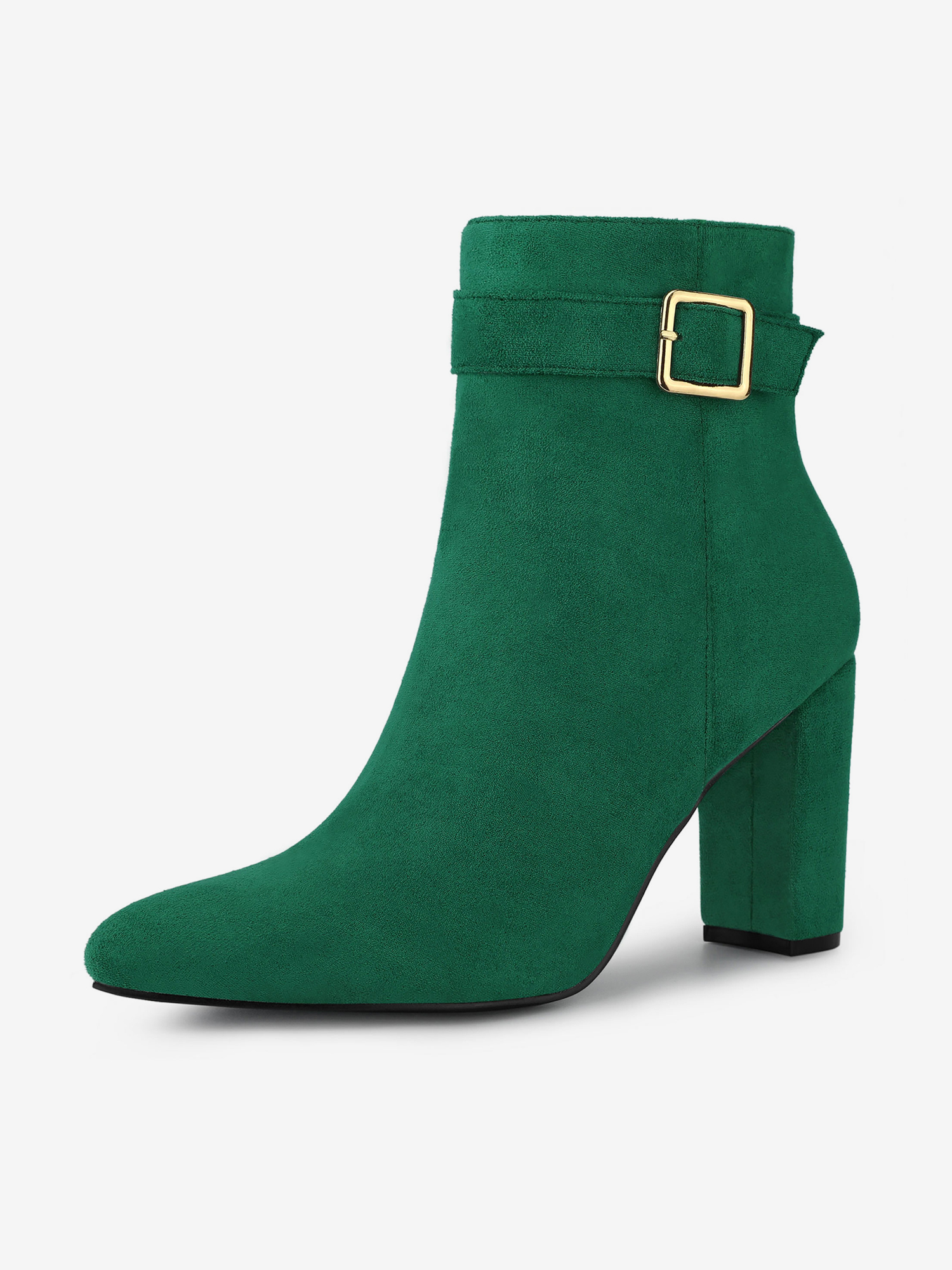 Pointed Toe Buckle Decor Heel Ankle Booties Emerald Green/6