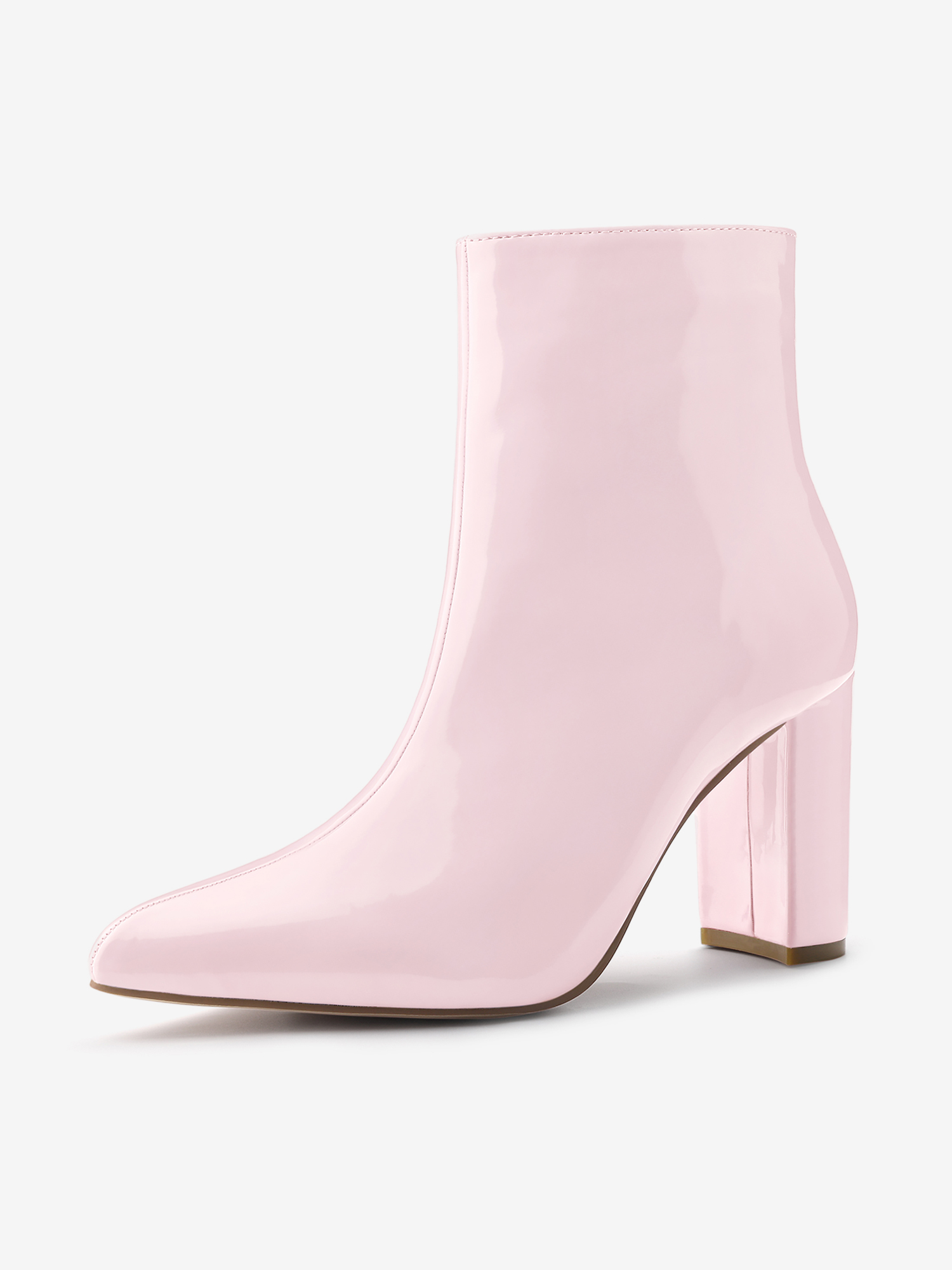 Faux Patent Leather Chunky Heel Pointed Toe Zipper Ankle Boots Pink/6