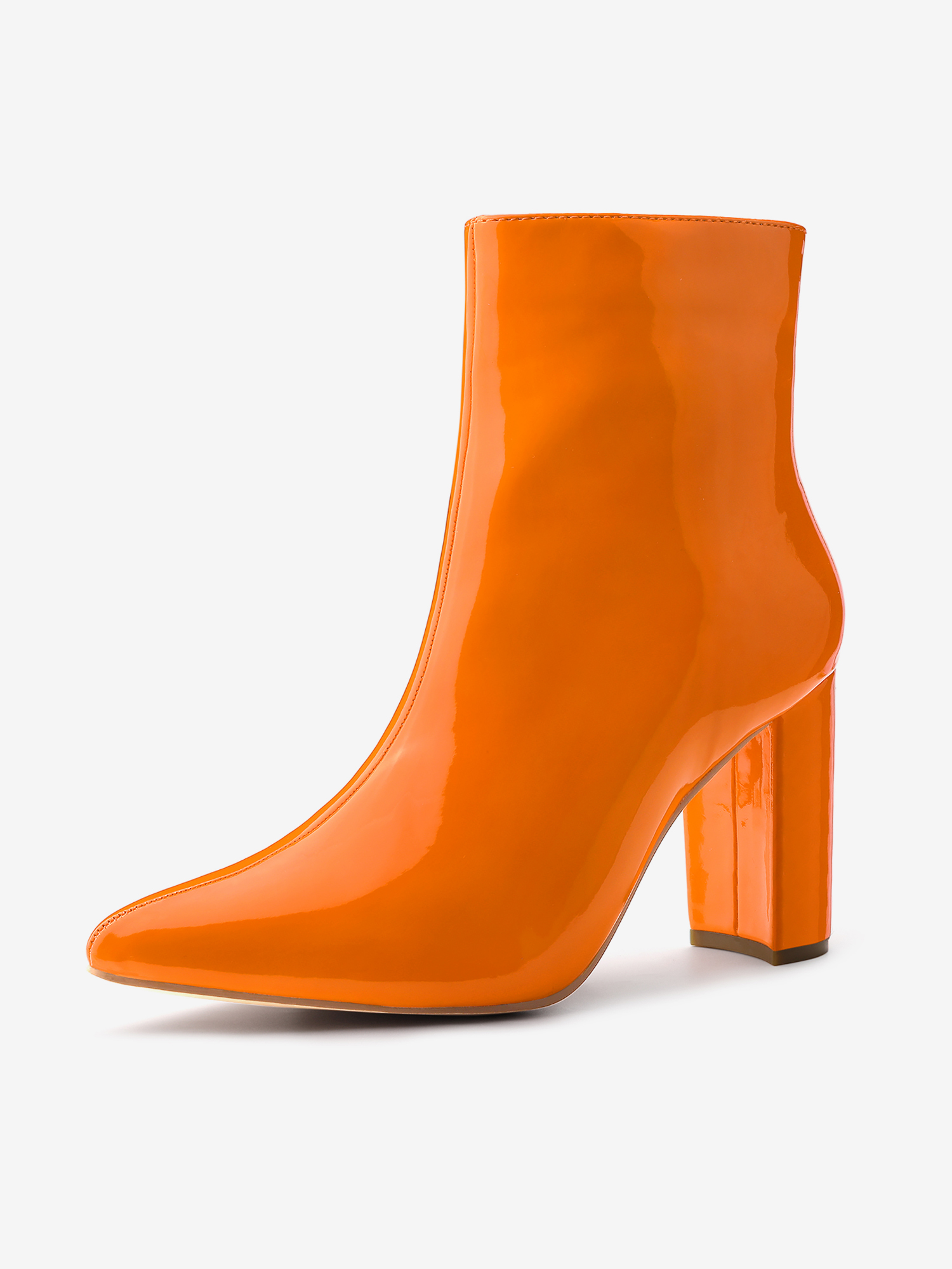 Faux Patent Leather Chunky Heel Pointed Toe Zipper Ankle Boots Orange/6