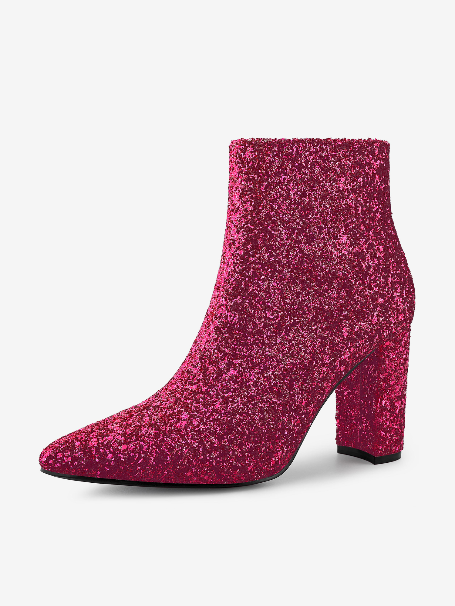 Glitter Pointed Toe Chunky Heel Zipper Ankle Boots Hot Pink/9