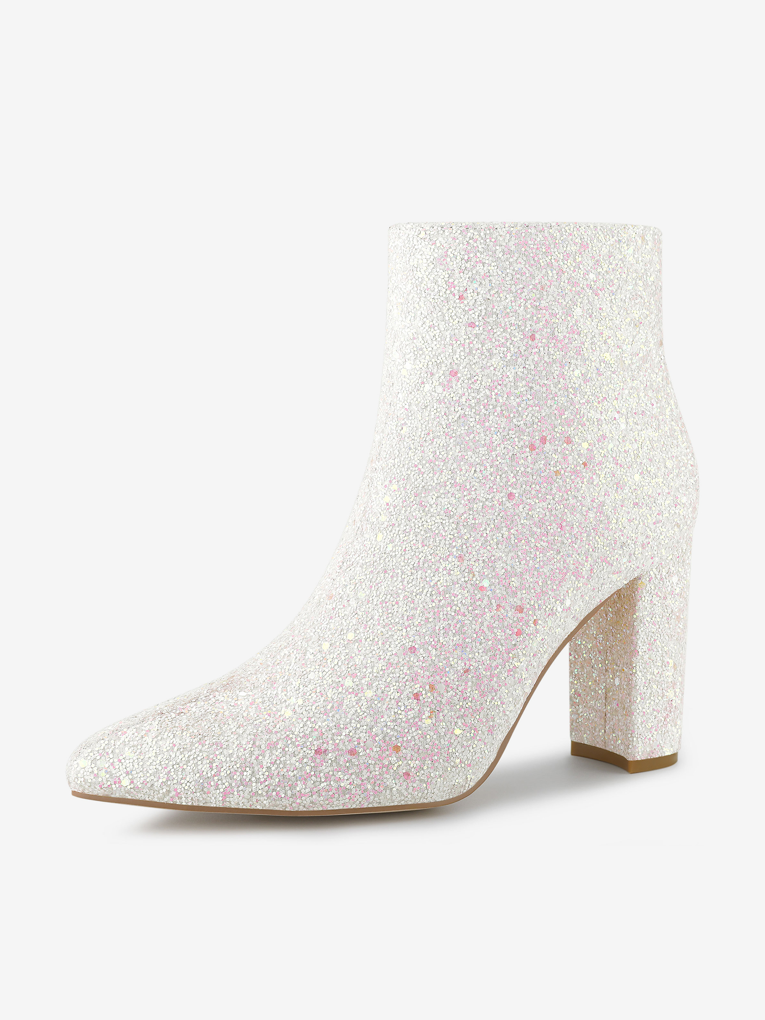Glitter Pointed Toe Chunky Heel Zipper Ankle Boots White/7