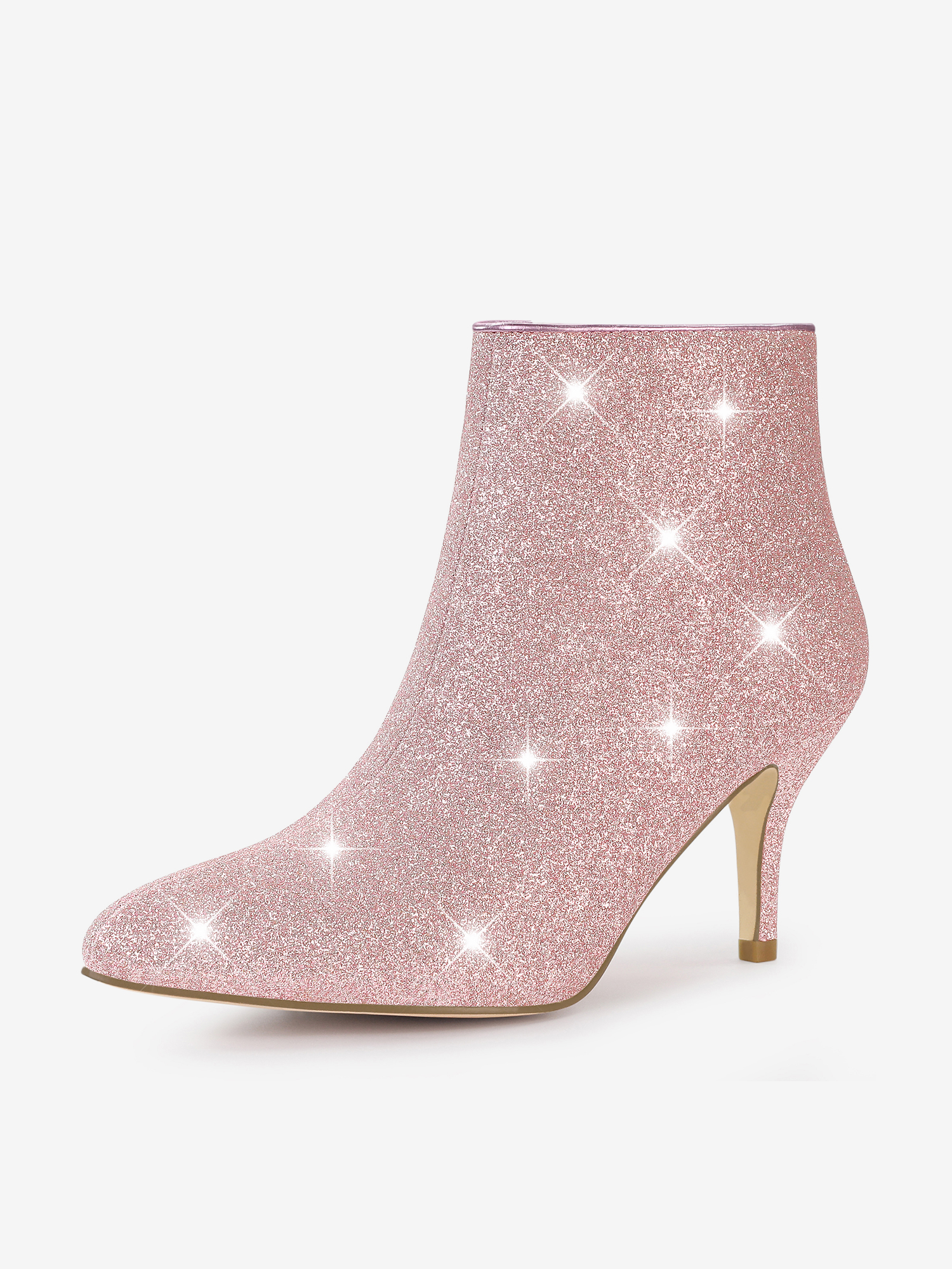 Glitter Pointed Toe Kitten Heel Zipper Ankle Boots Light Pink/7