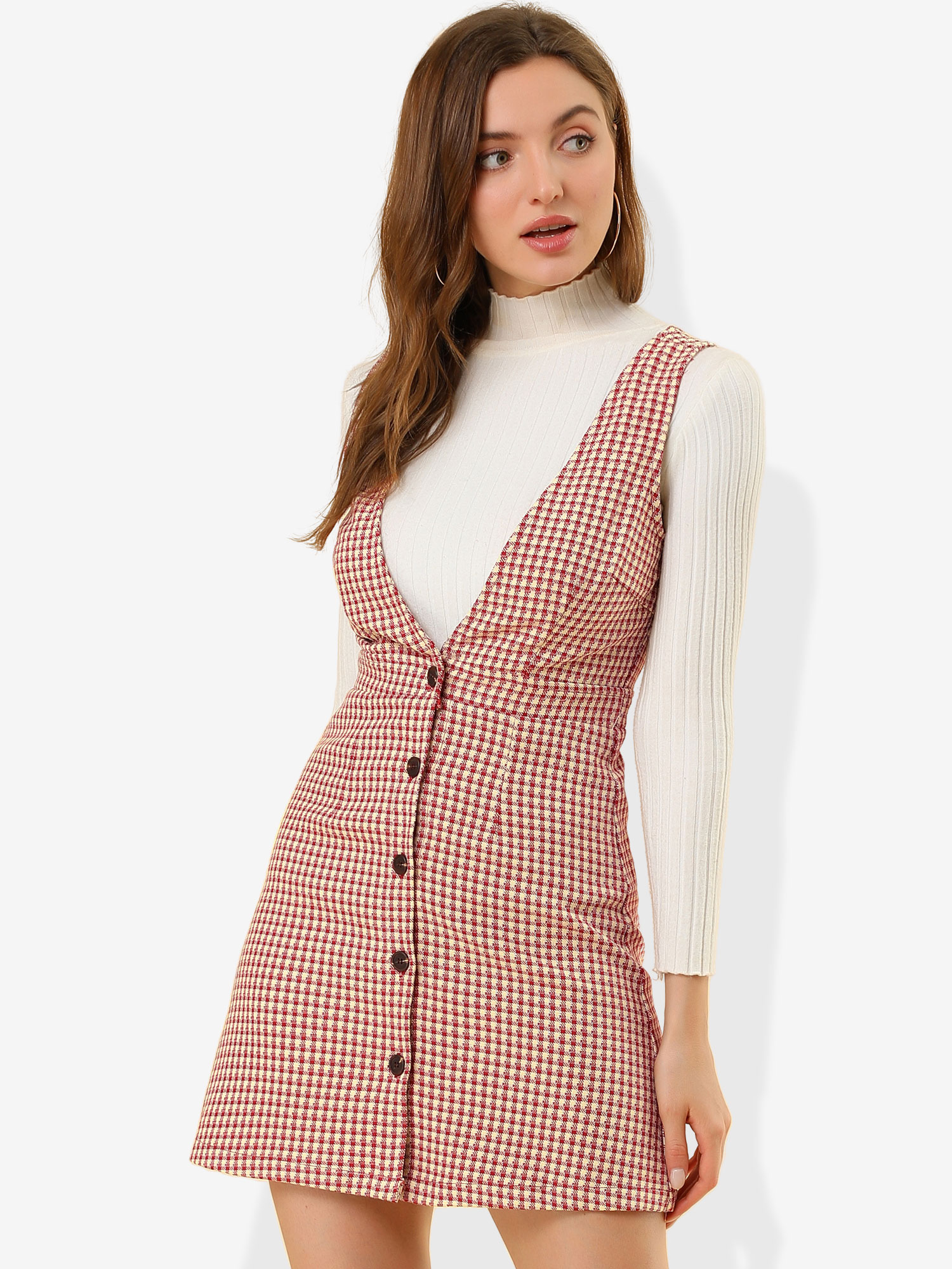 Overalls Suspenders V Neck Plaid Houndstooth Pinafore Dress Red Beige/XS