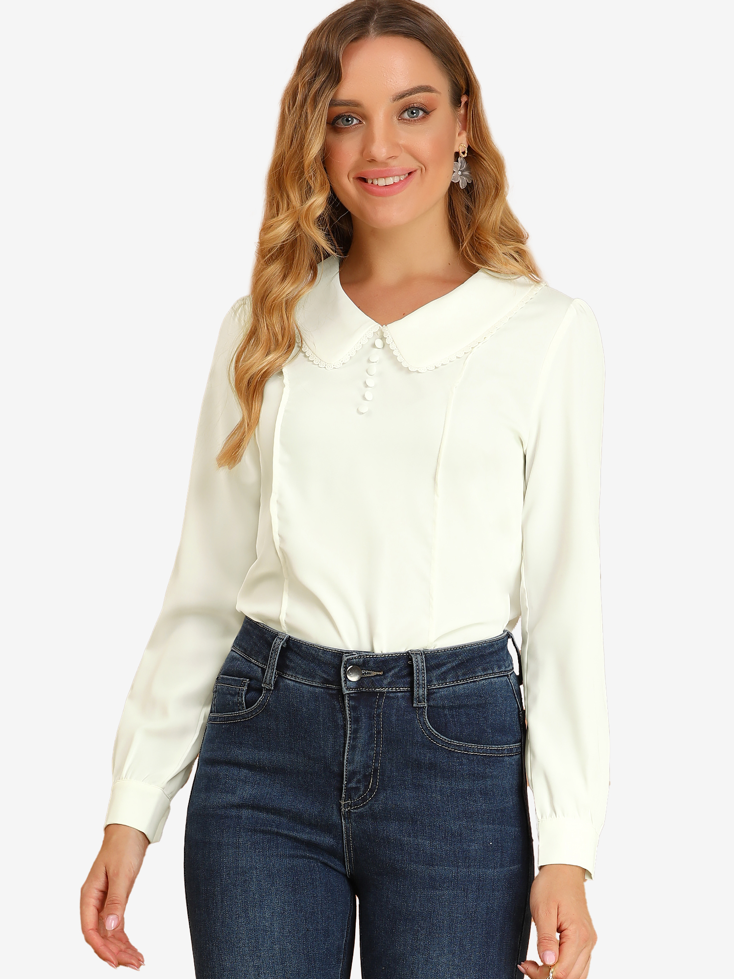 Peter Pan Collar Crochet Trim Long Sleeve Chiffon Office Blouse White/XS