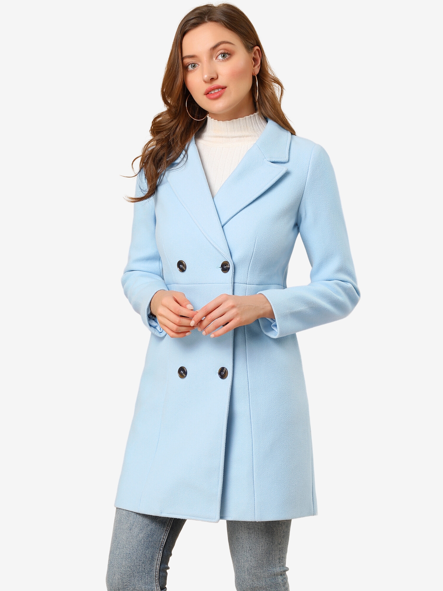 Notched Lapel Double Breasted Outwear Winter Long Coat Baby Blue/L