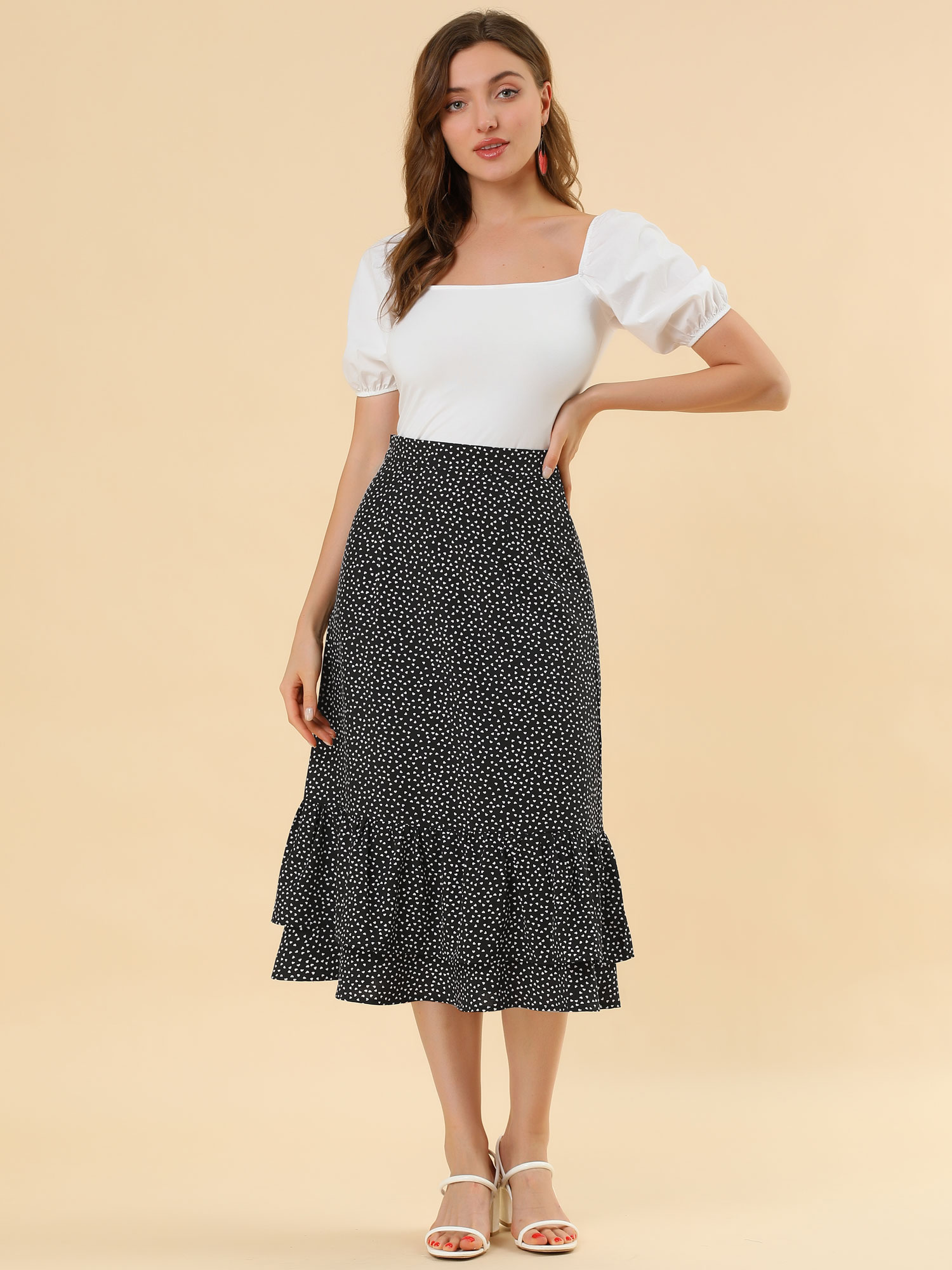 Chiffon Printed Elastic Waist Ruffle Tiered Flowy Midi Skirt Black-Heart/S