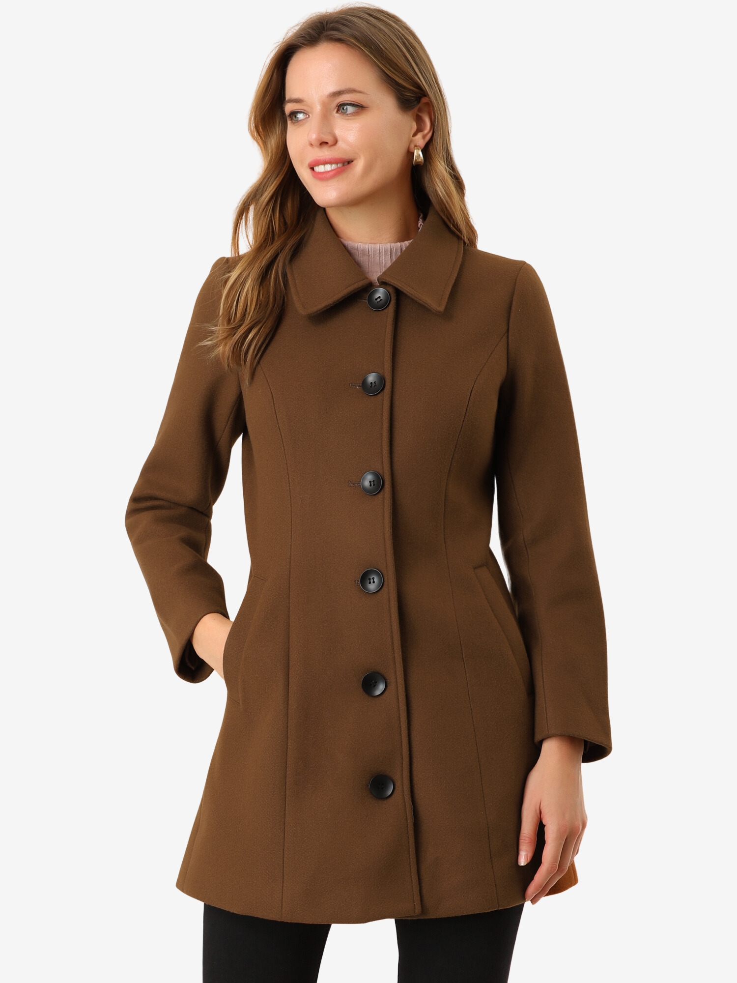 Solid Winter Single Breasted Long Warm Pocketed Pea Coat Brown/S
