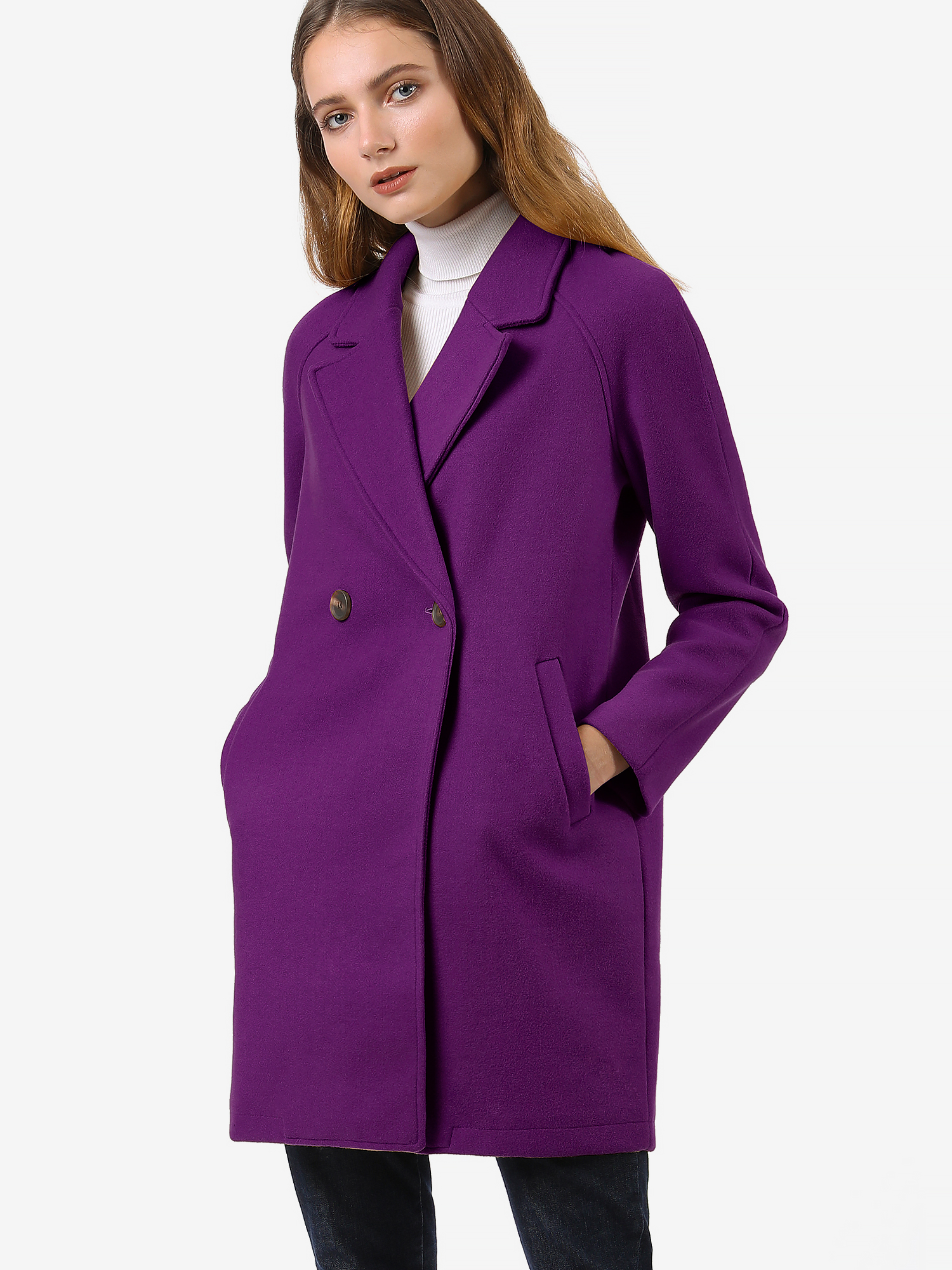 Notched Lapel Raglan Double Breasted Winter Coat Purple/L