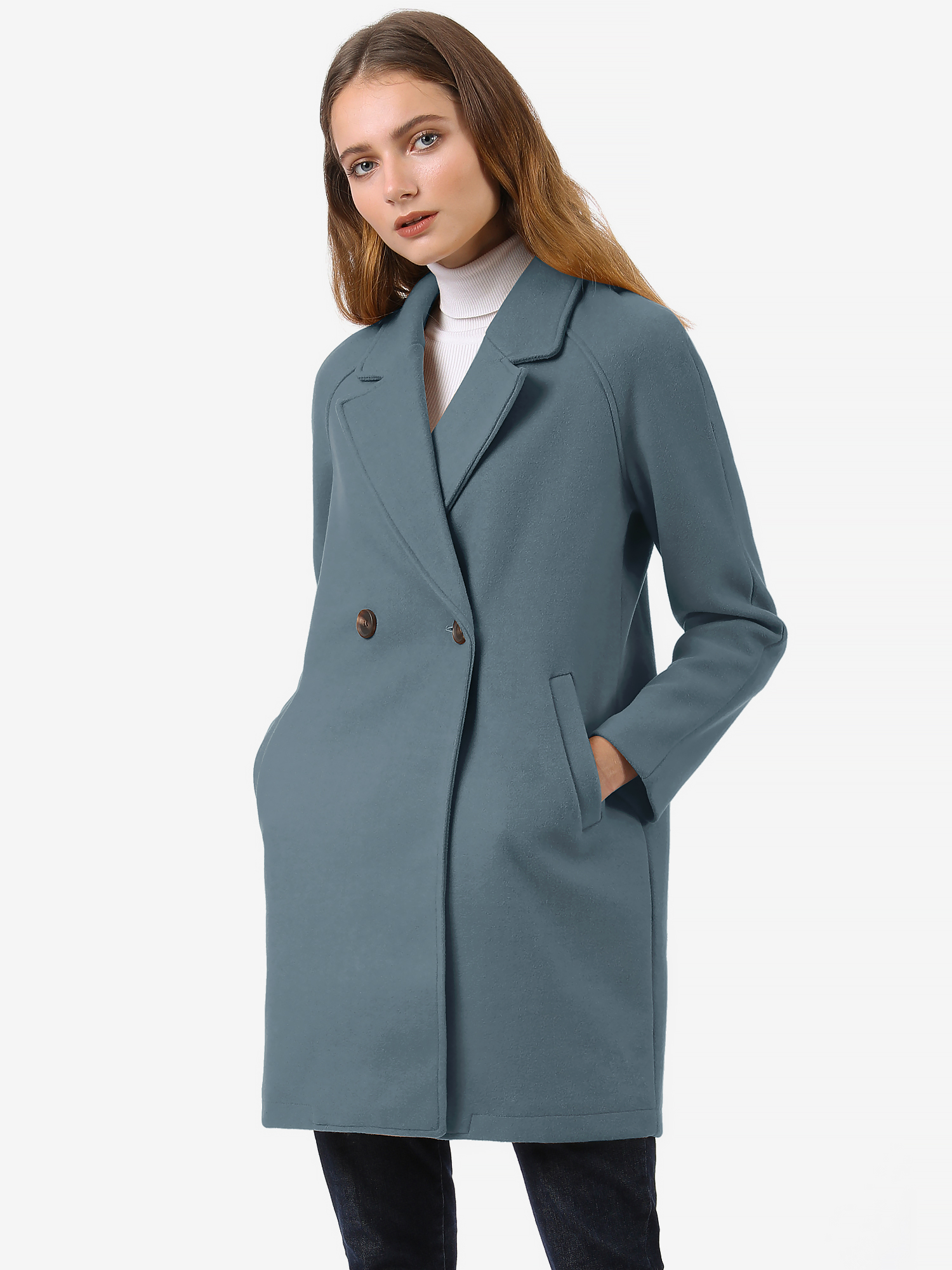 Notched Lapel Raglan Double Breasted Winter Coat Dusty Blue/XS
