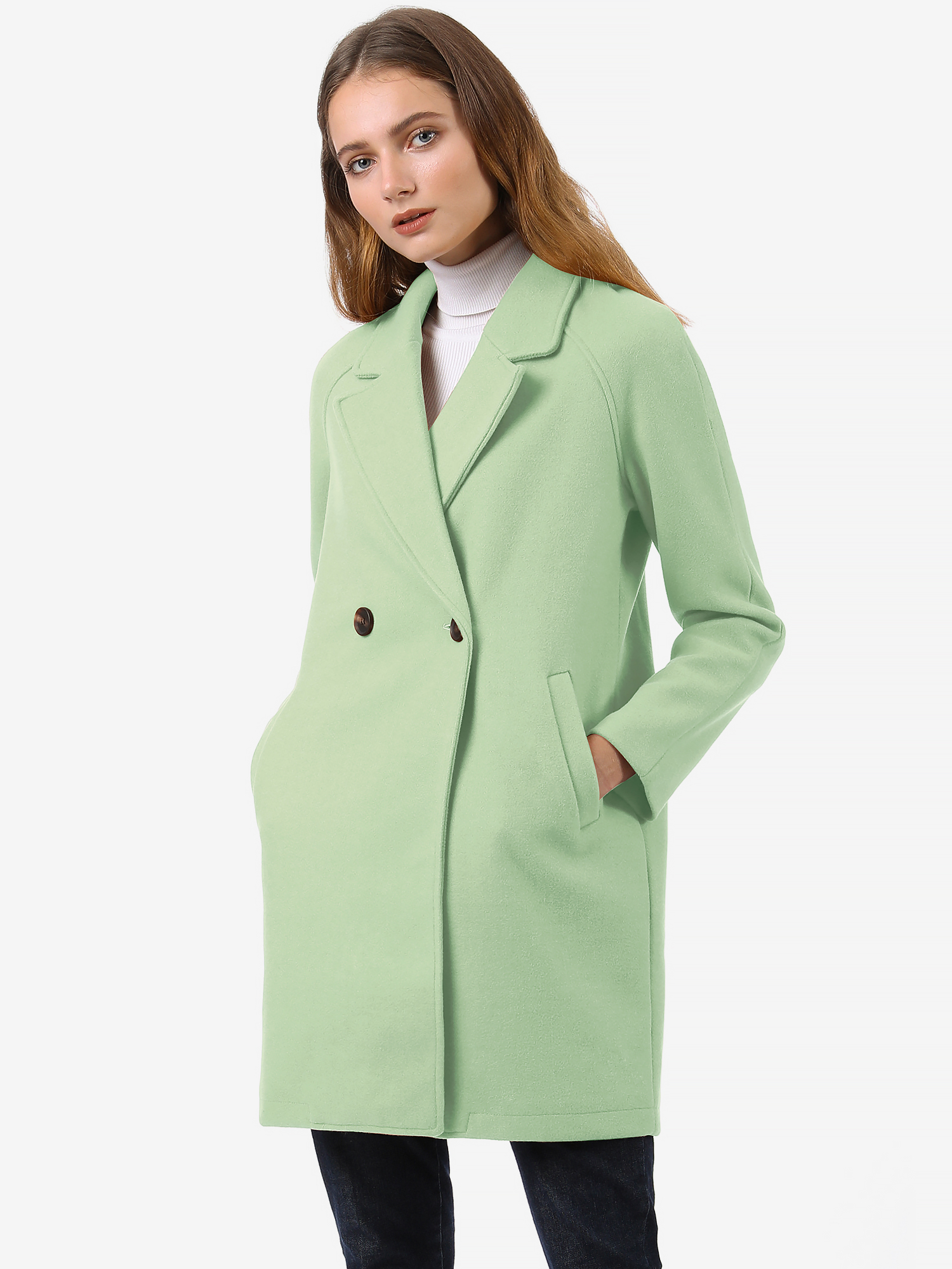 Notched Lapel Raglan Double Breasted Winter Coat Light Green/XS