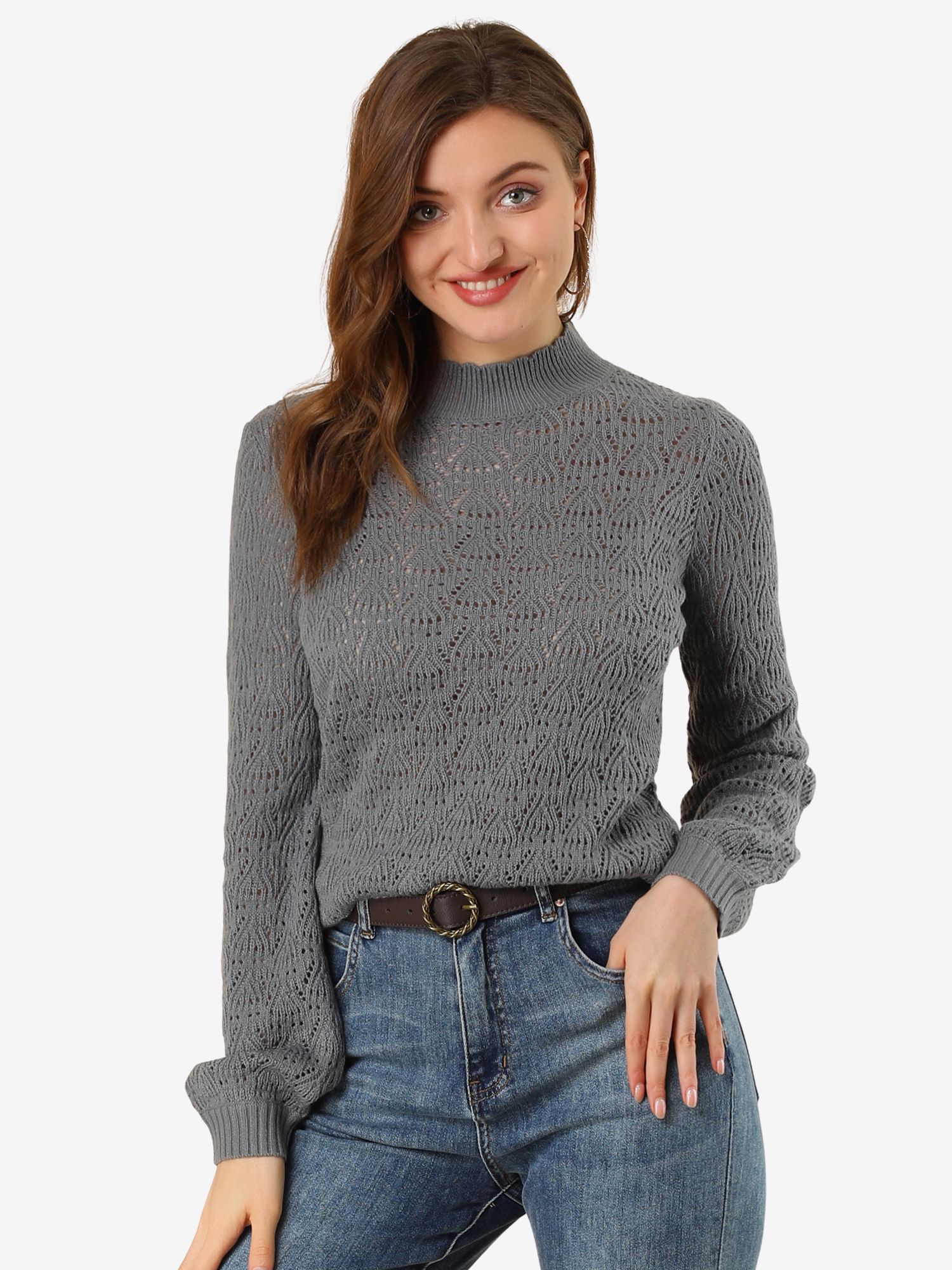 Ruffle Mock Neck Bishop Sleeve Knitted Ribbed Pullover Sweater Gray/XS