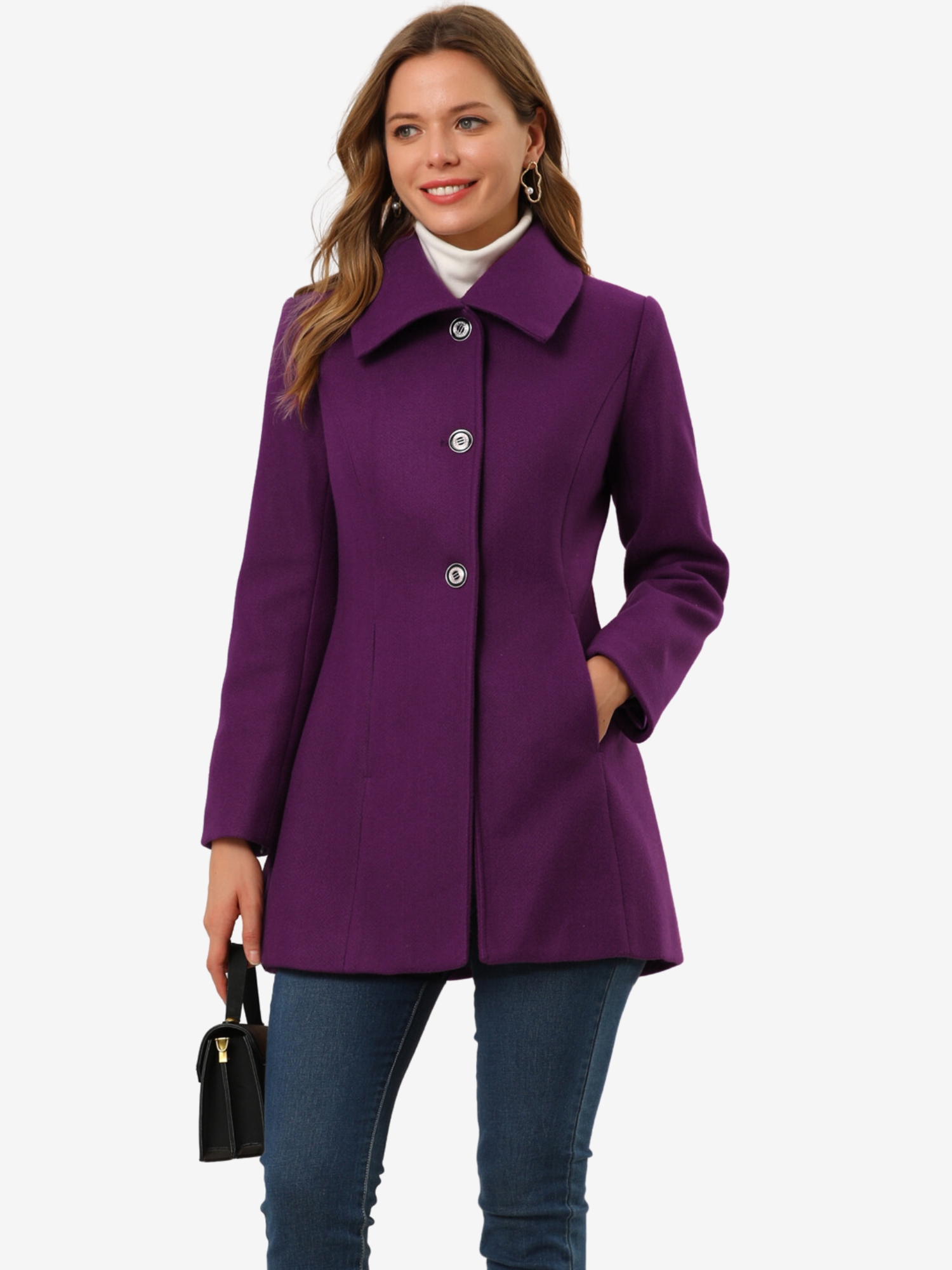 Turn Down Collar Overcoat A-Line Single Breasted Winter Coat Purple/M