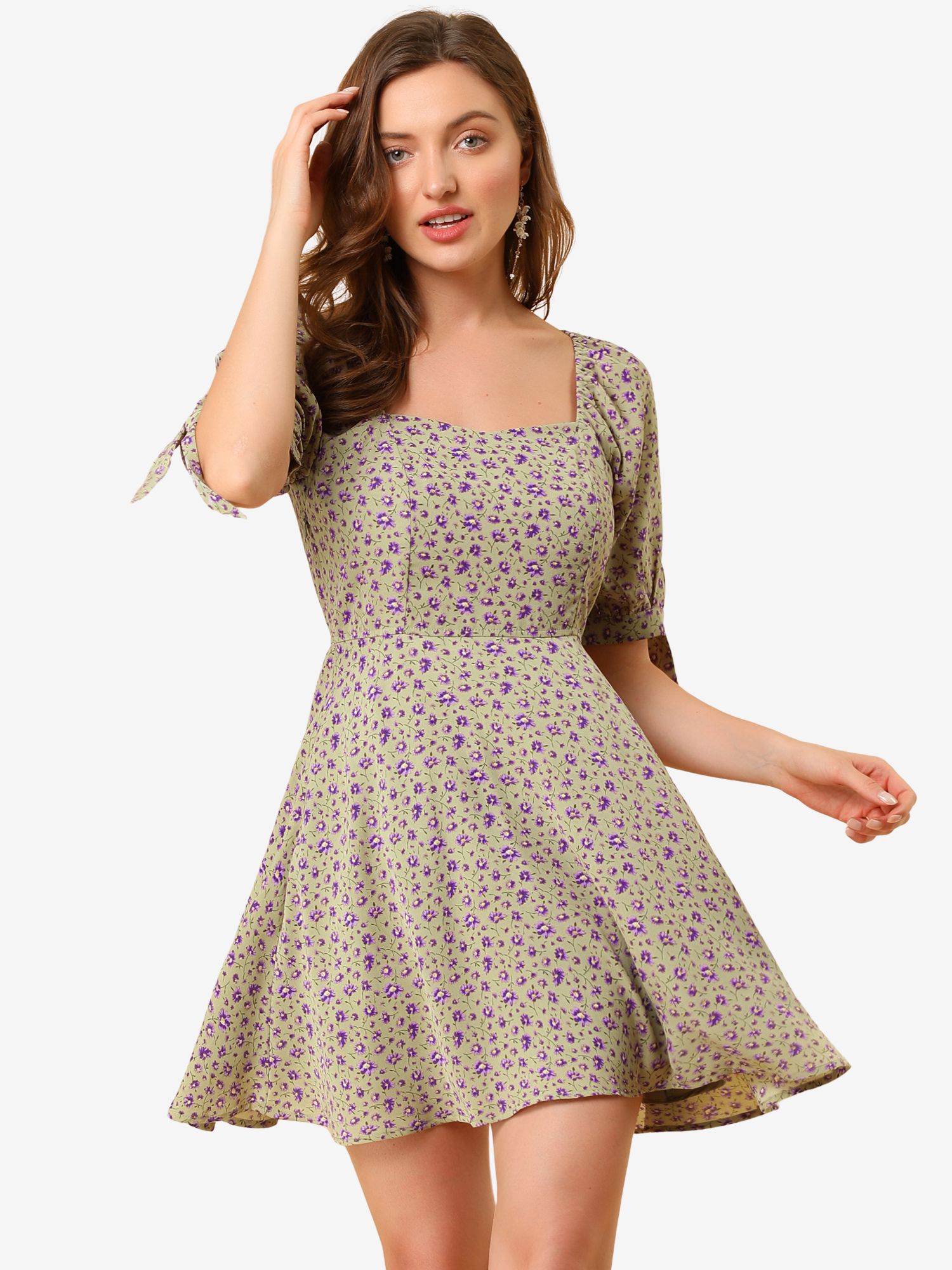 Floral Printed Sweetheart Neck Puff Sleeve A-Line Mini Dress Green/XL