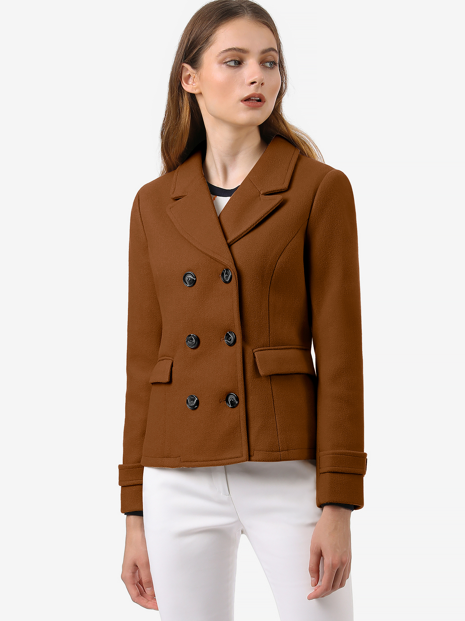 Winter Notched Lapel Double Breasted Short Pea Coat Dark Brown/L