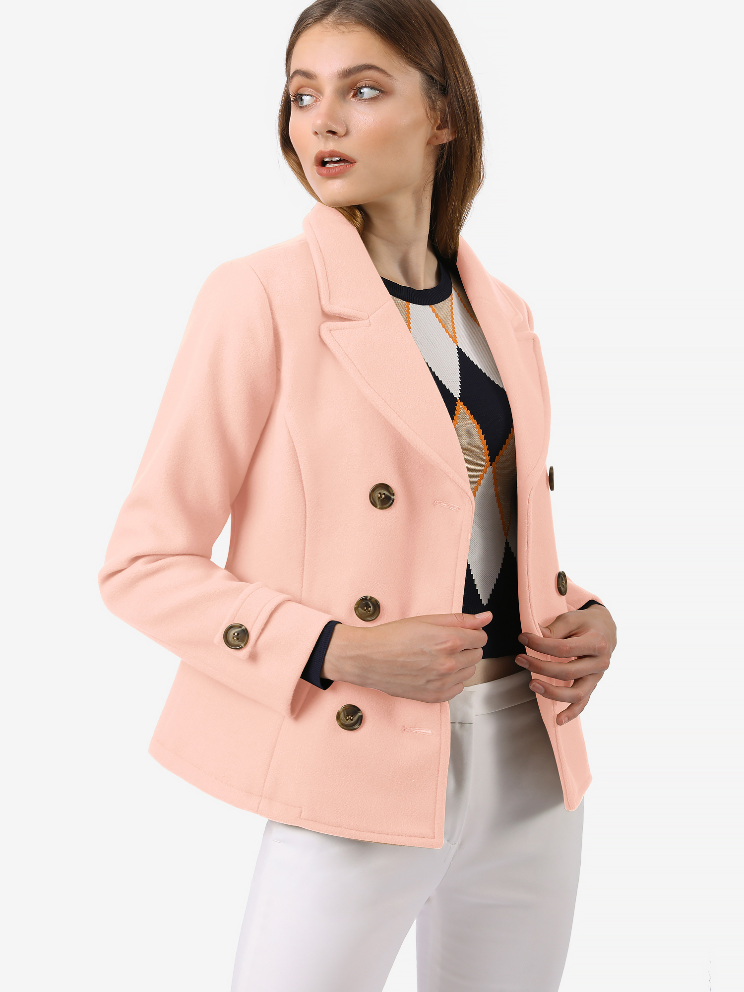 Winter Notched Lapel Double Breasted Short Pea Coat Pink/L