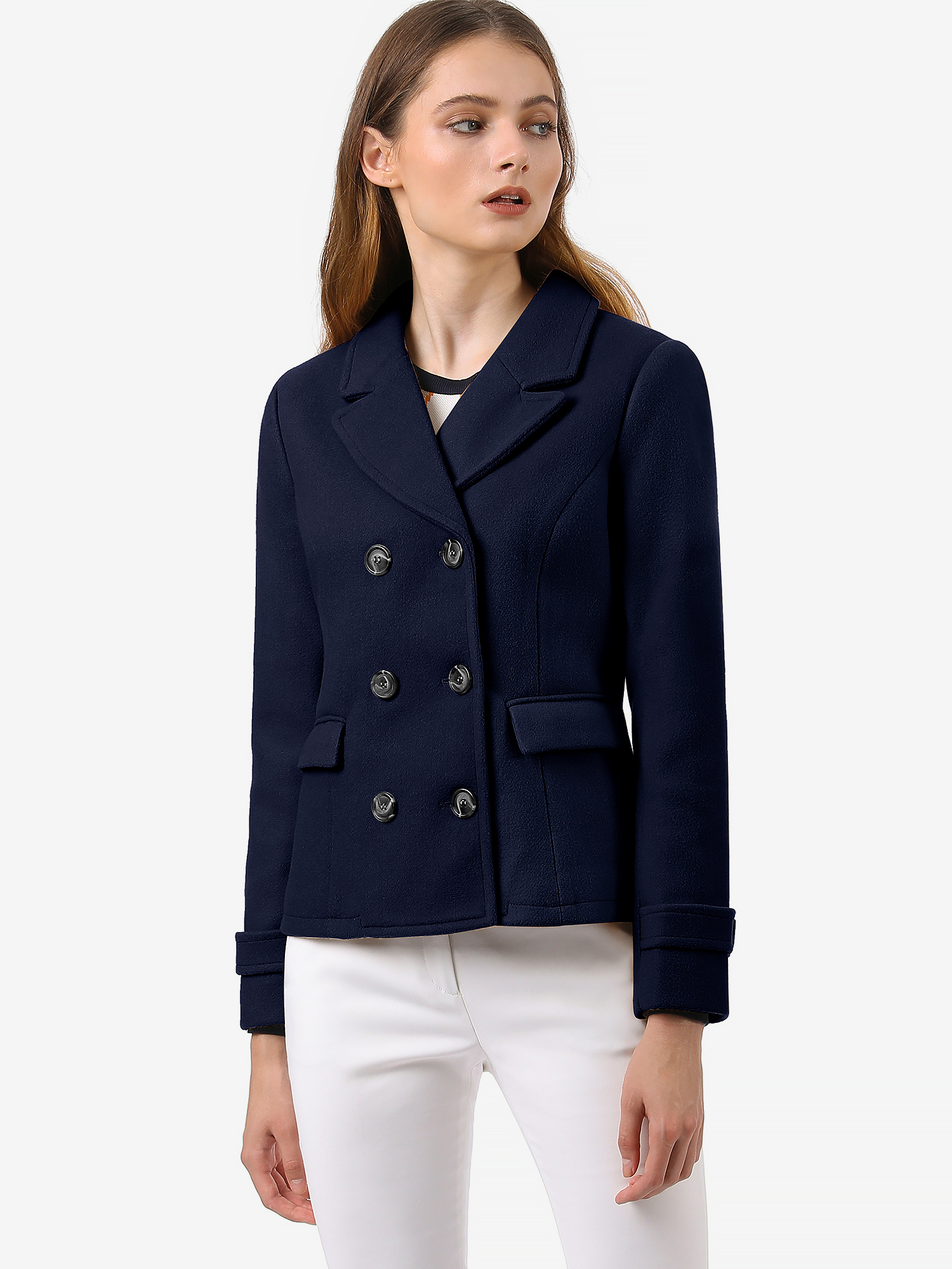 Winter Notched Lapel Double Breasted Short Pea Coat Dark Blue/L
