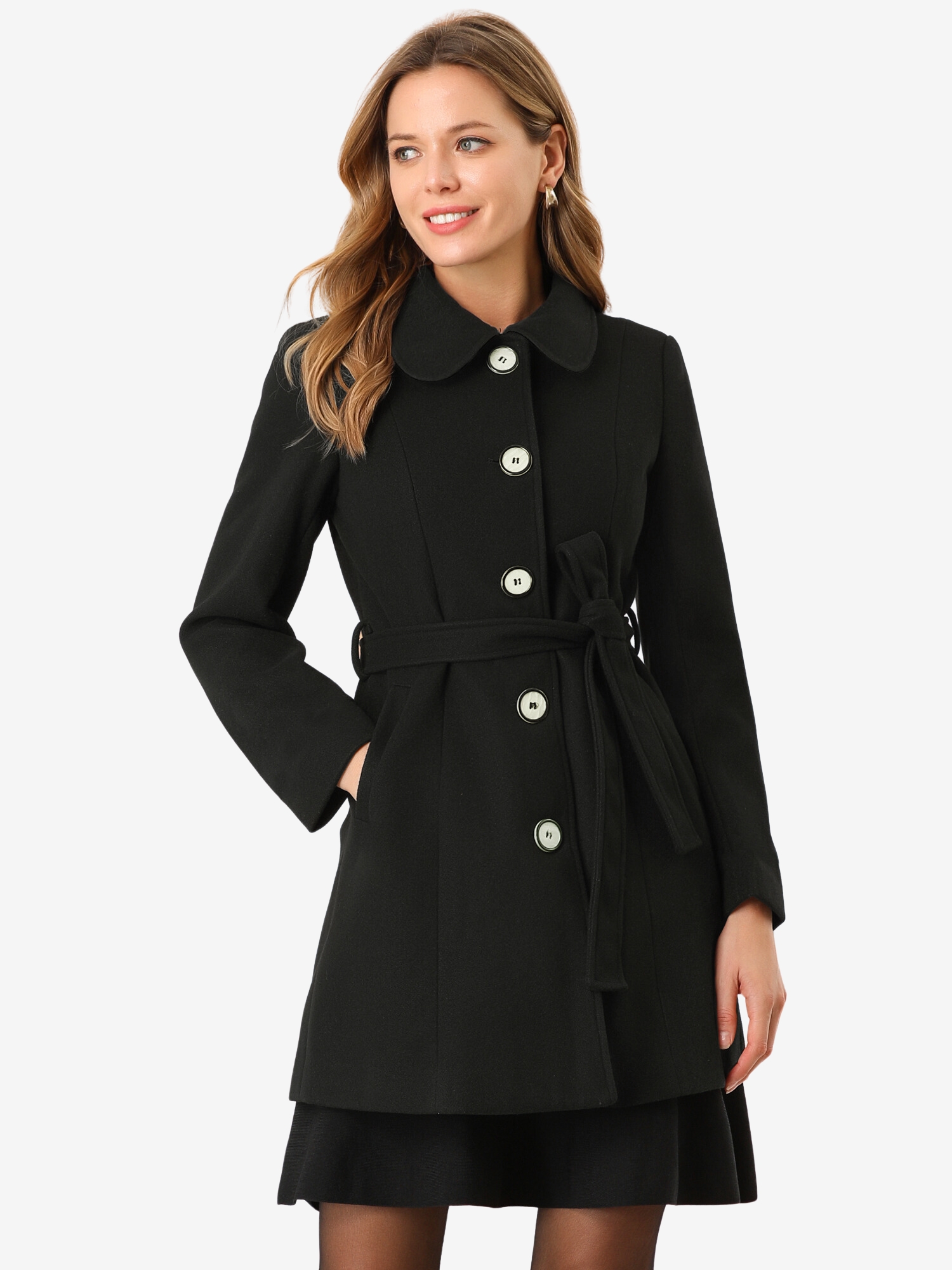 Winter Elegant Lapel Collar Long Trench Coat Black/XS
