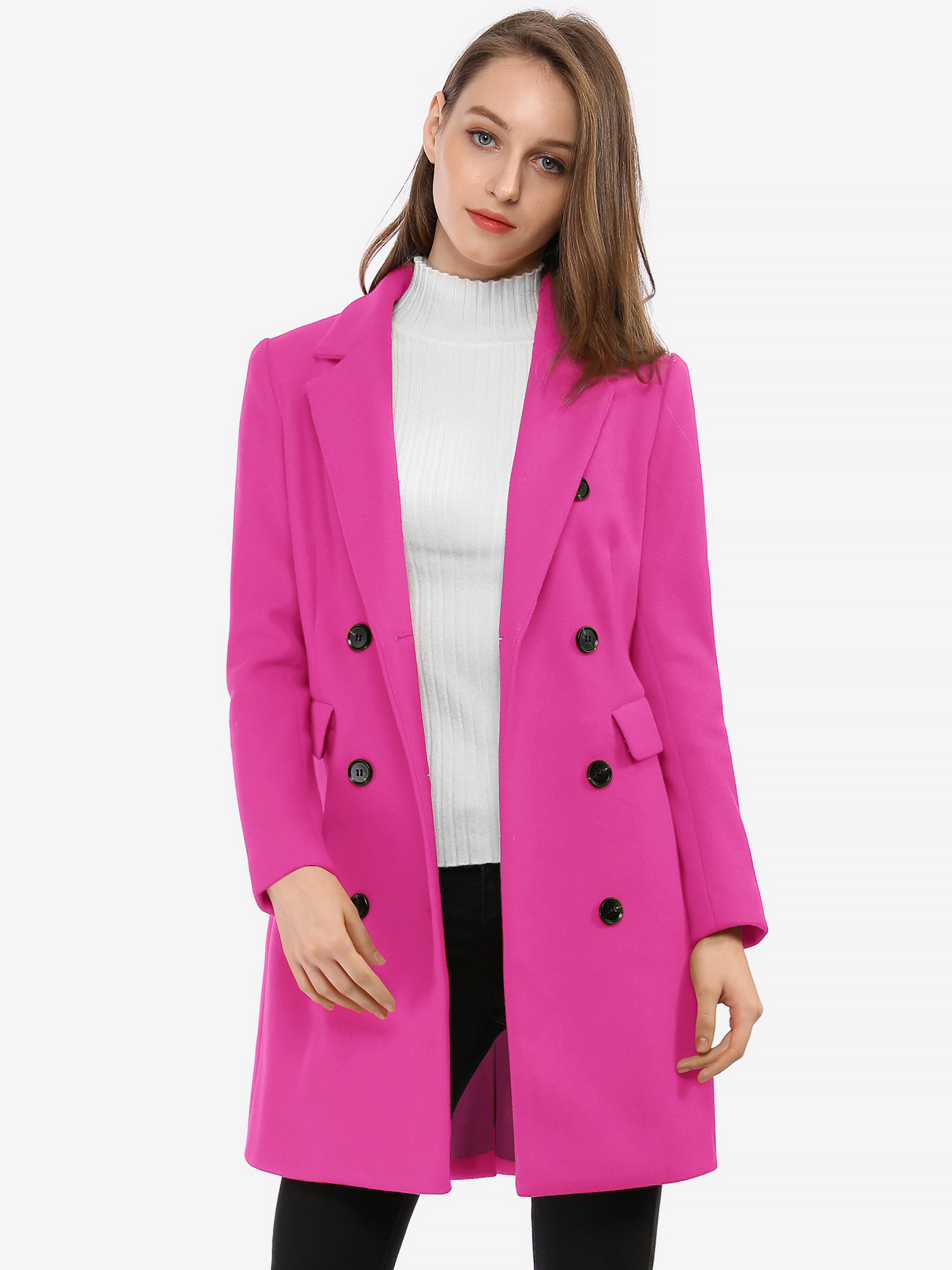 Winter Long Sleeve Notched Lapel Double Breasted Trench Coat Fuchsia/S