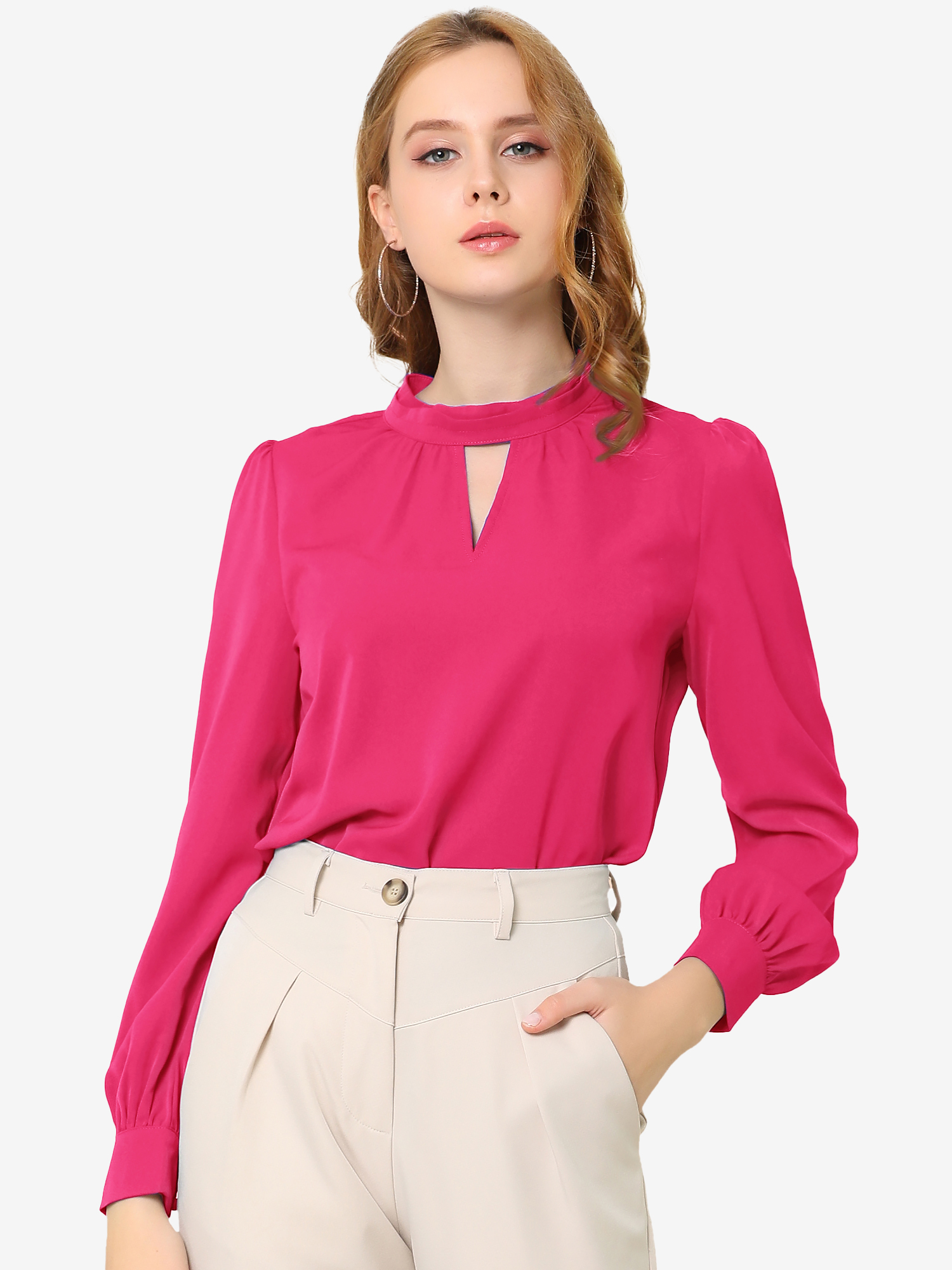 Keyhole Elegant Stand Collar Long Sleeve Chiffon Office Blouse Rose Red/S
