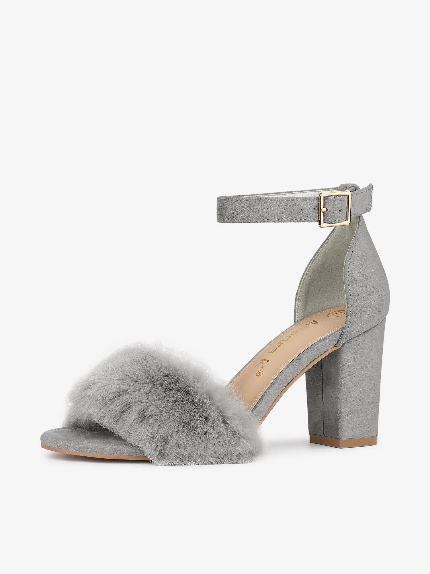 Faux Fur Ankle Strap Block Heel Sandals Gray/8