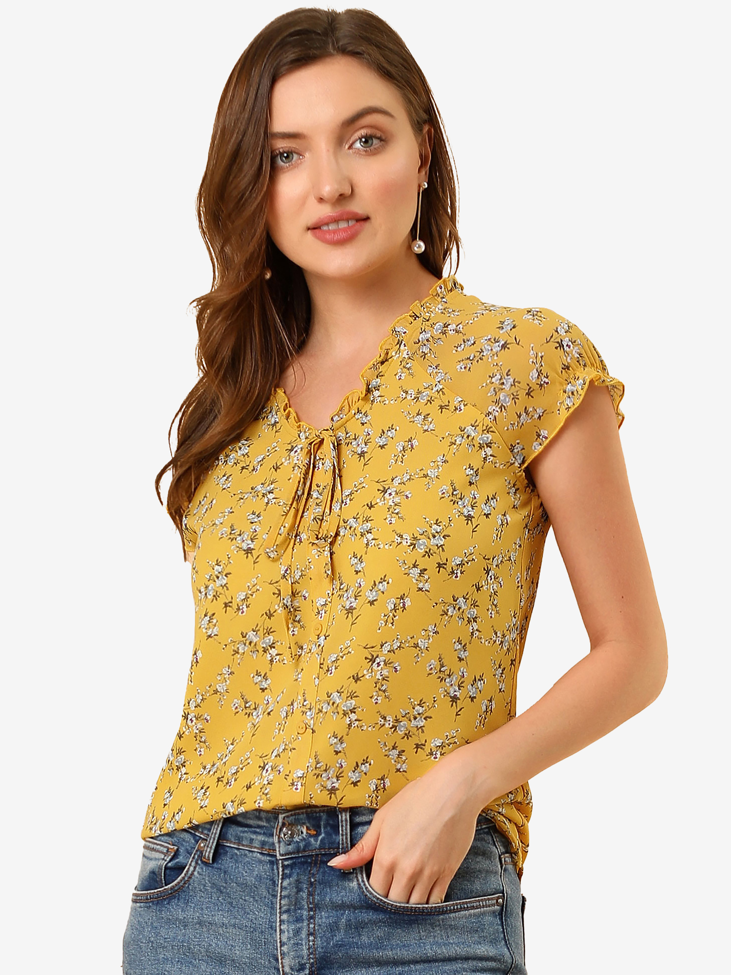 Ditsy Floral Print Chiffon Short Sleeve Ruffle Blouse Yellow/M