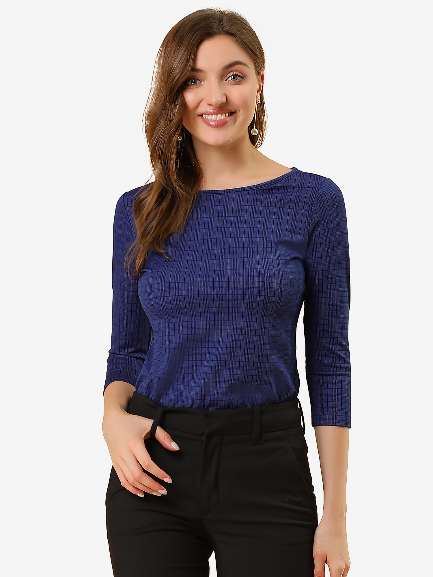 Work Office 3/4 Sleeve Boat Neck Houndstooth Printed Top Blouse Deep Blue/XS