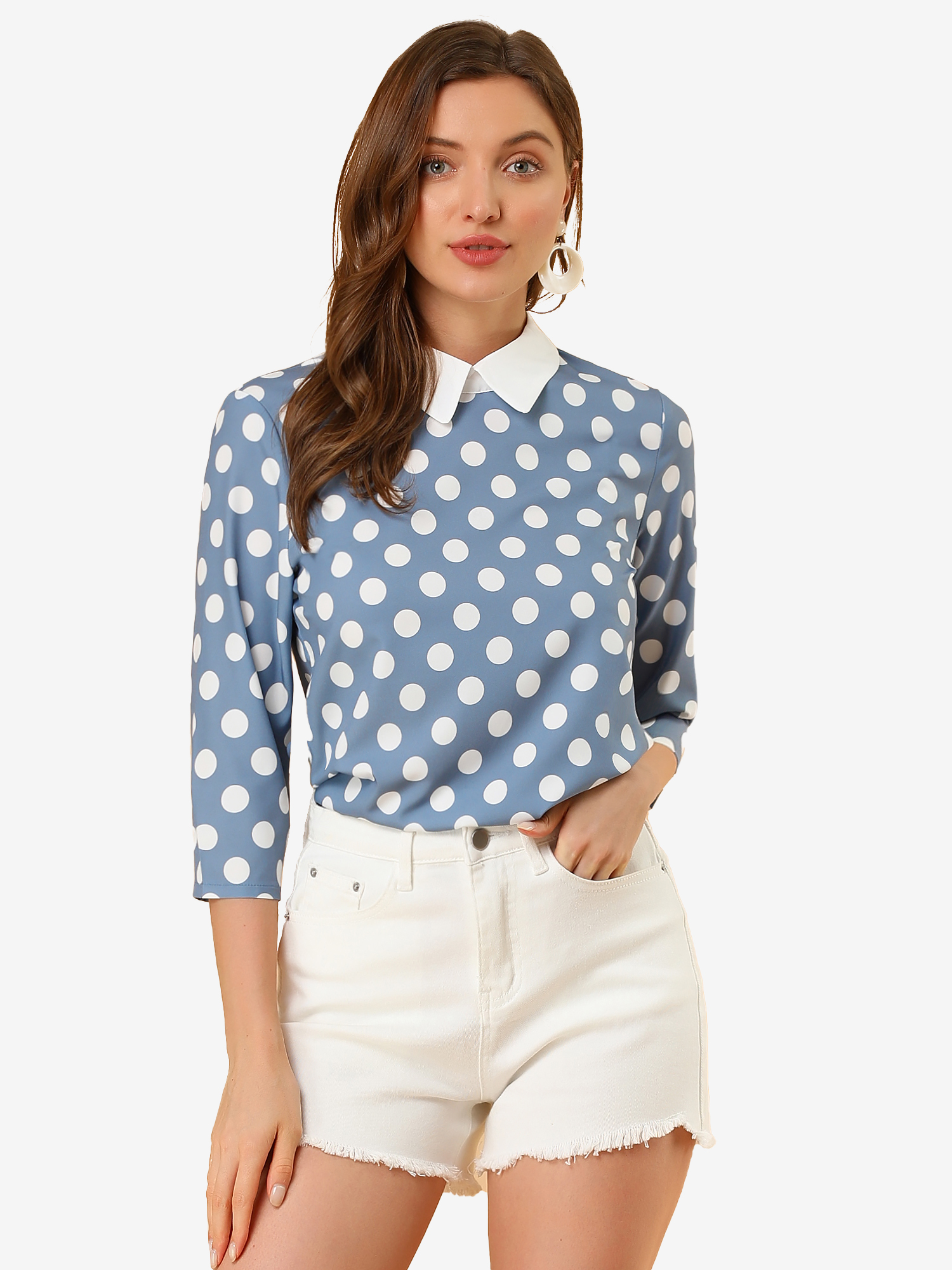 Polka Dots Contrast Peter Pan Collar Top 3/4 Sleeve Blouse Shirt Dusty Blue/XL
