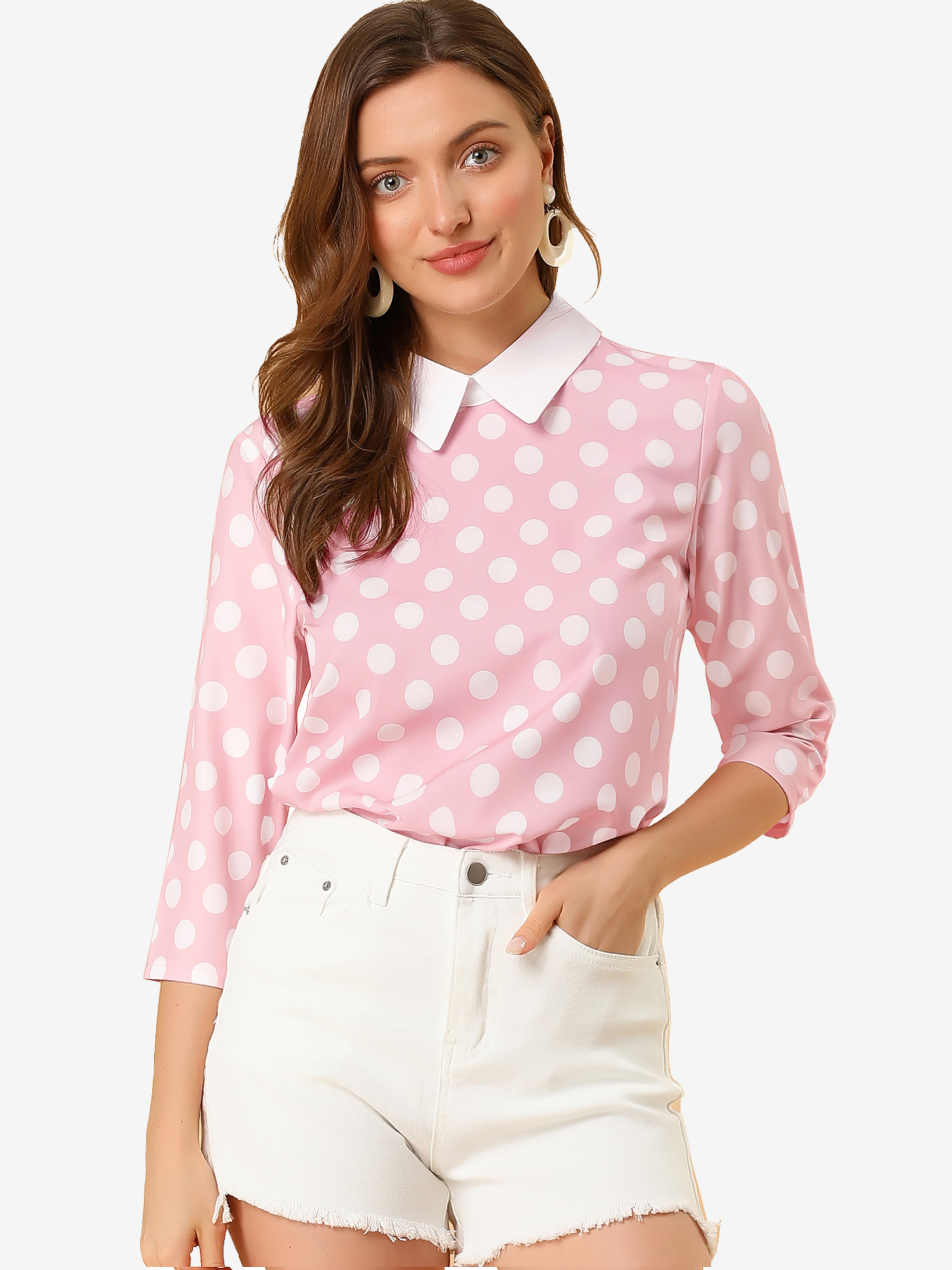 Polka Dots Contrast Peter Pan Collar Top 3/4 Sleeve Blouse Shirt Pink White/S