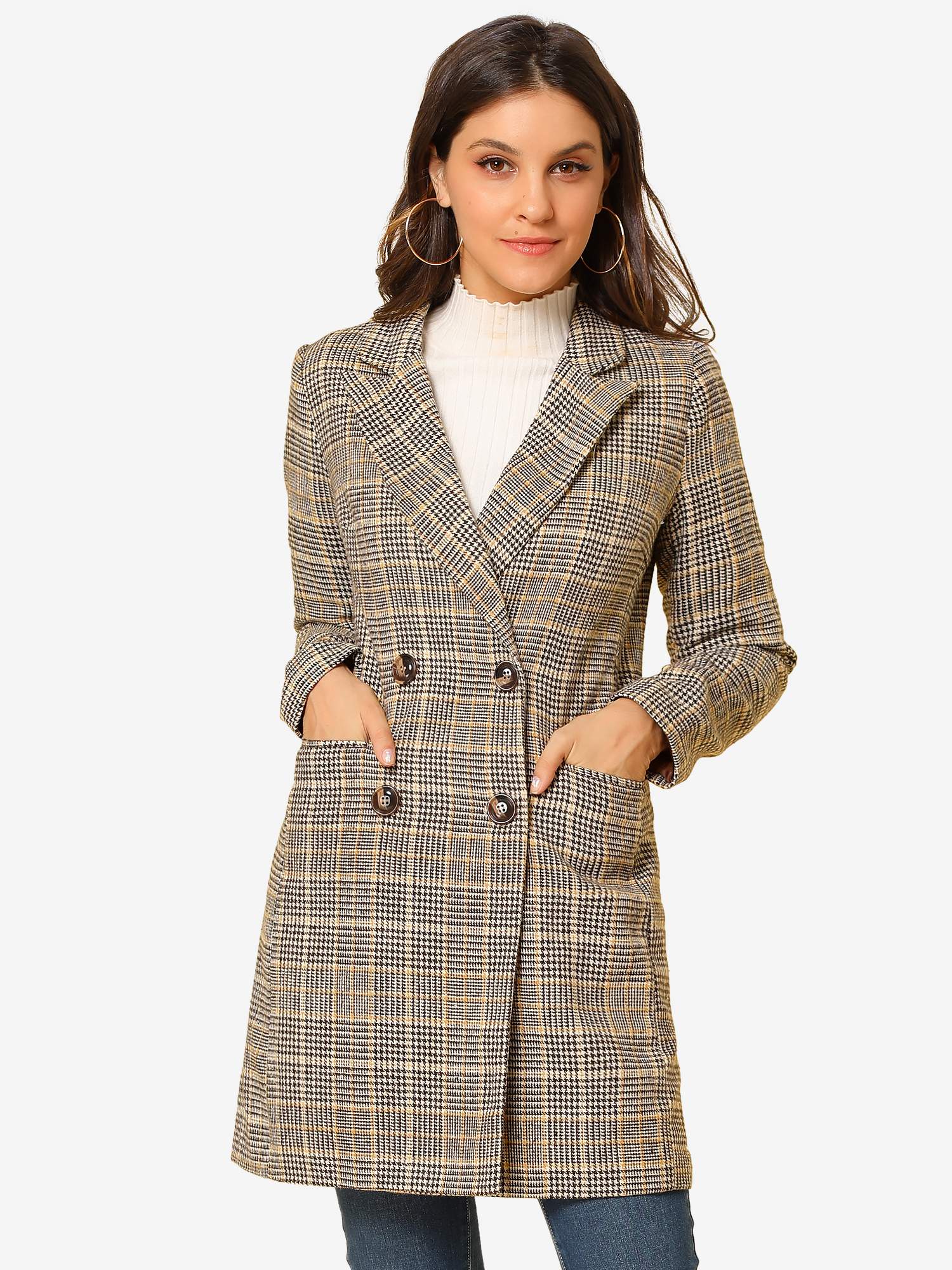 Double Breasted Notched Lapel Plaid Trench Blazer Coat Brown/XS