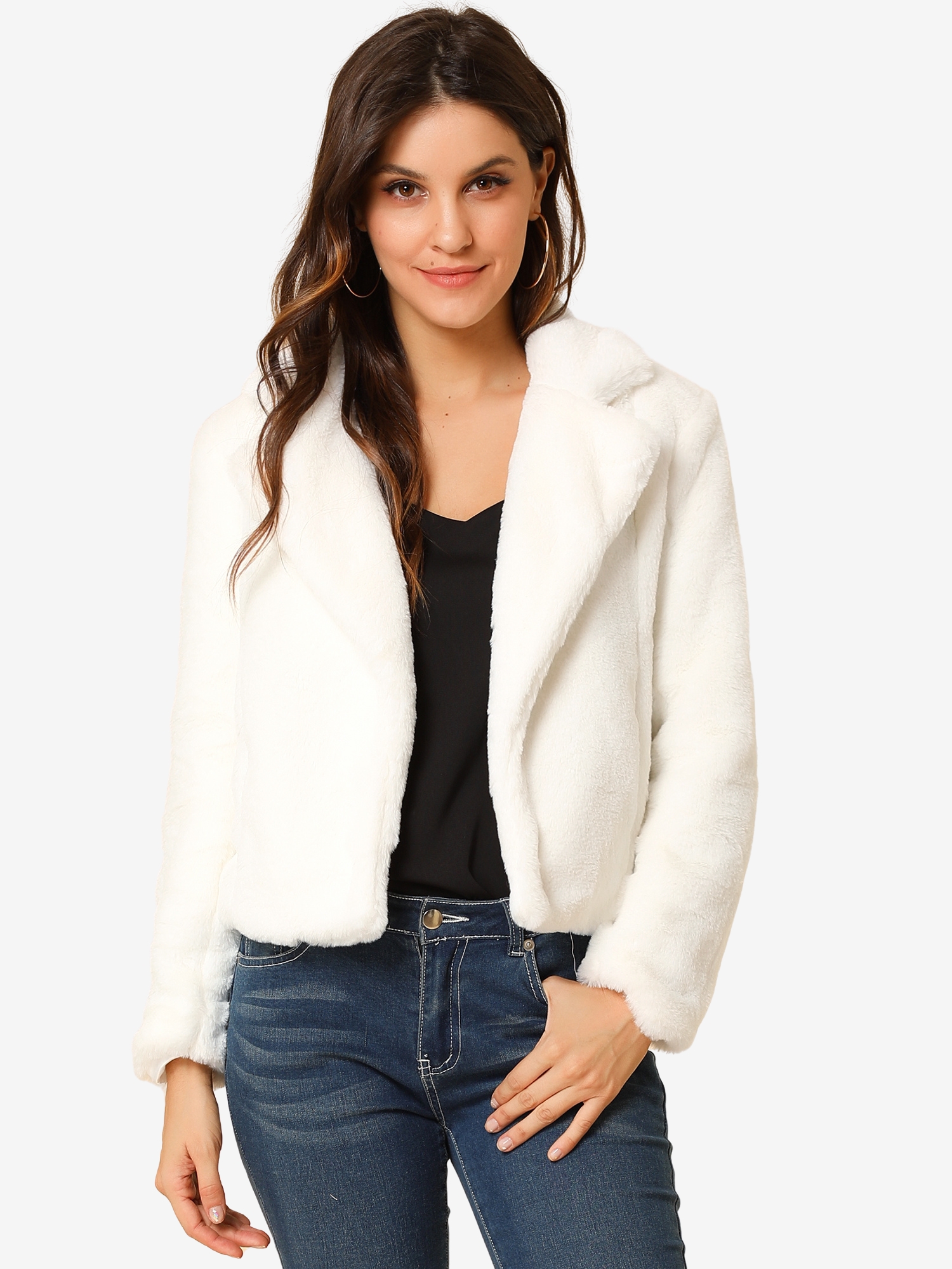 Autumn Winter Cropped Jacket Notch Lapel Faux Fur Fluffy Coat White/S