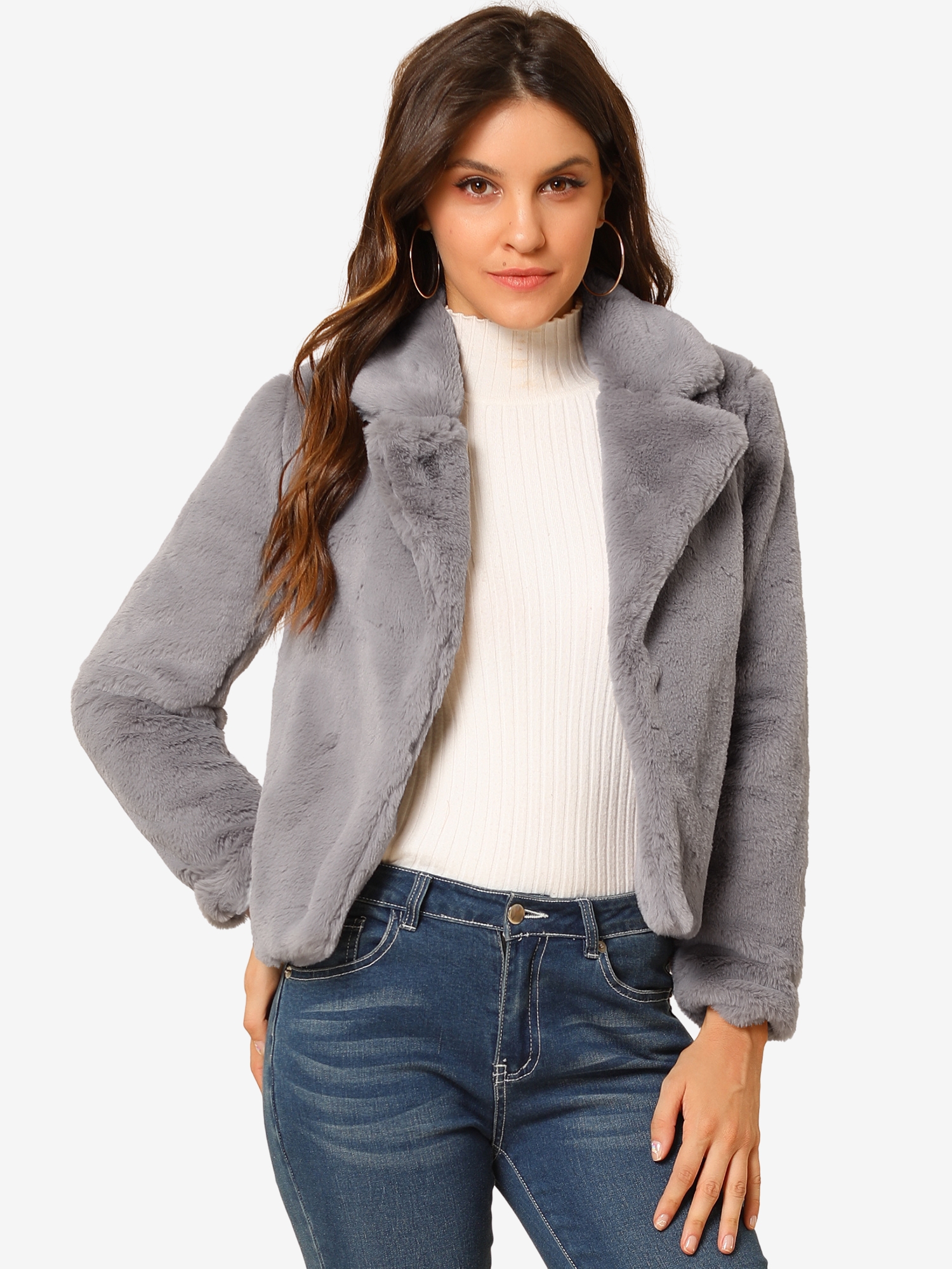 Autumn Winter Cropped Jacket Notch Lapel Faux Fur Fluffy Coat Grey/XL