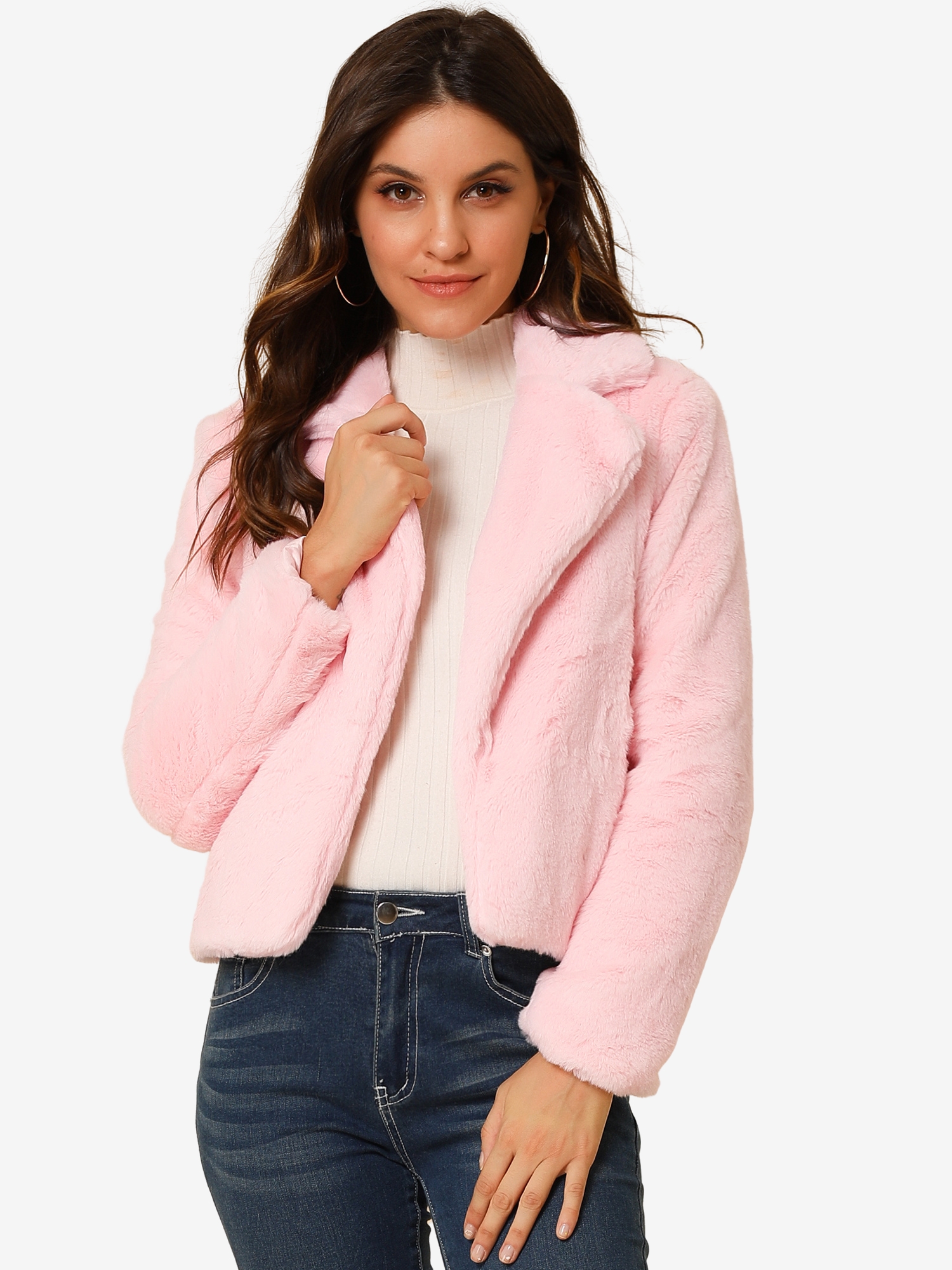 Autumn Winter Cropped Jacket Notch Lapel Faux Fur Fluffy Coat Pink/XS