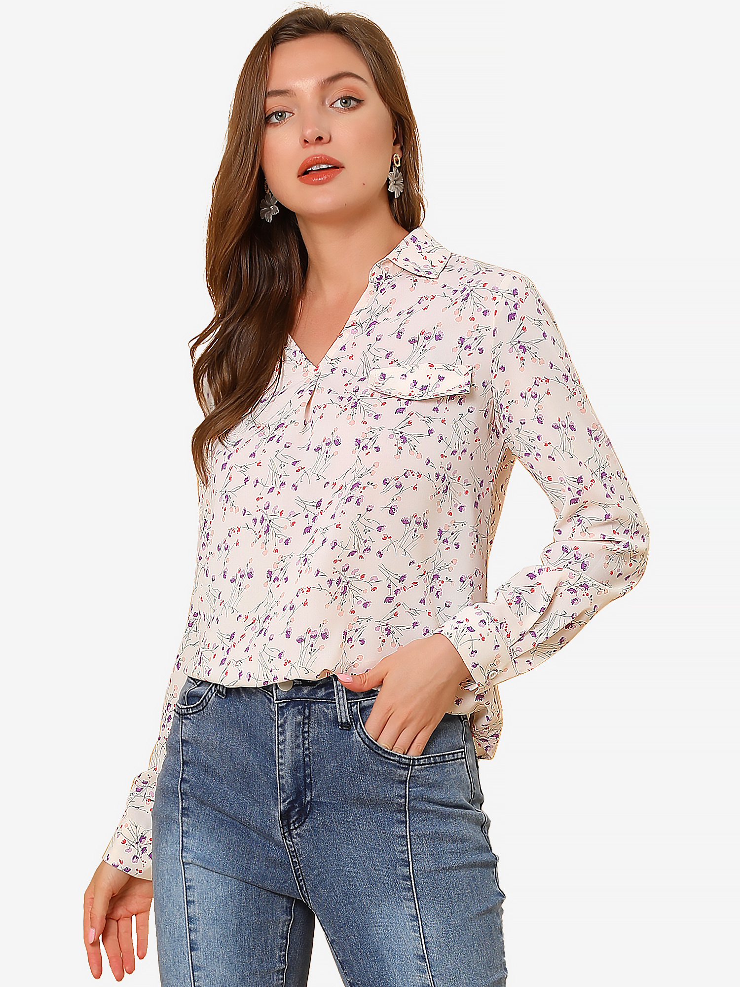 Elegant V-Neck Shirt Floral Faux Pocket Long Sleeve Blouse White/XL