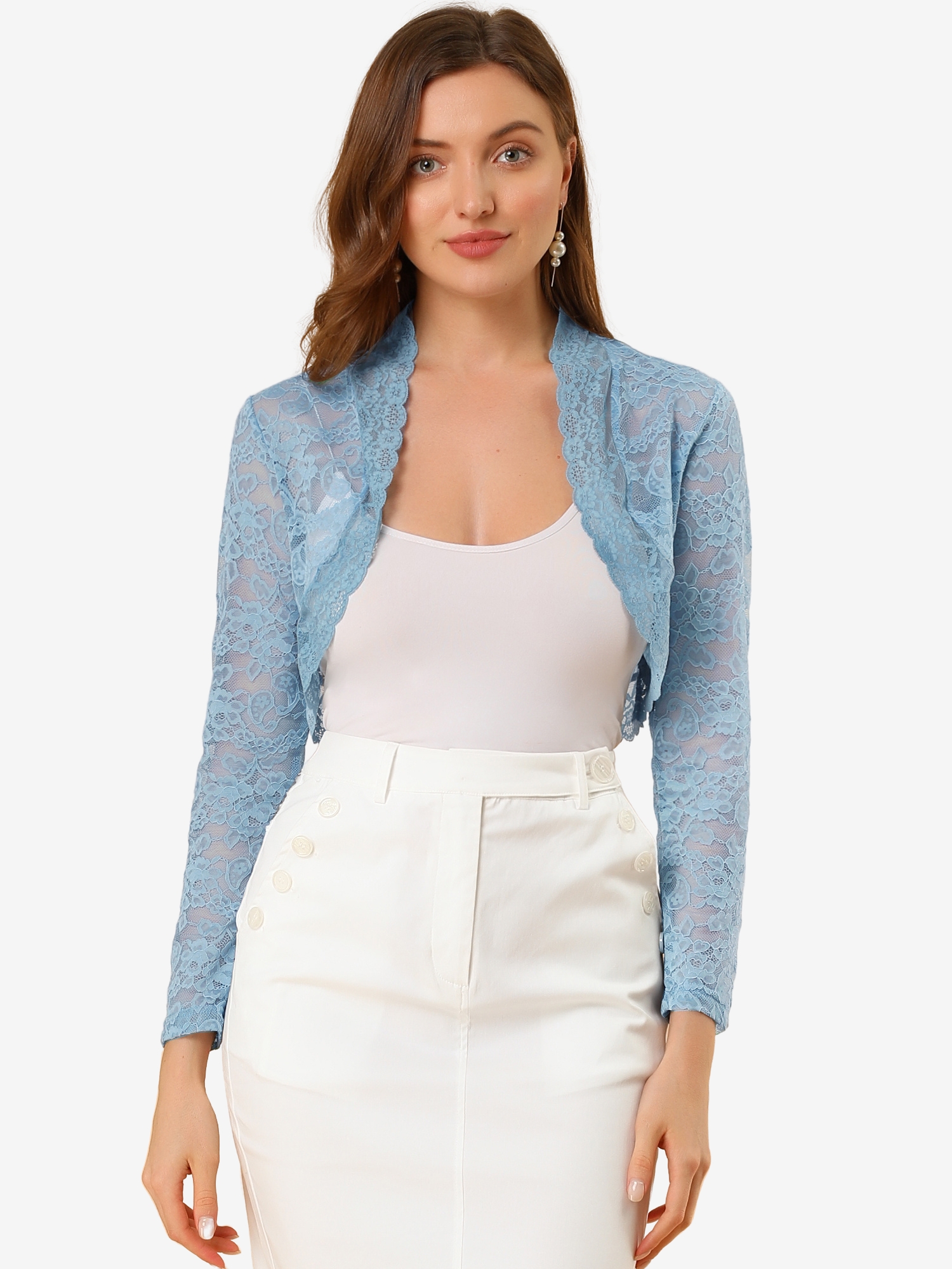 Elegant Sheer Floral Lace Cropped Bolero Shrugs Gray Blue/L