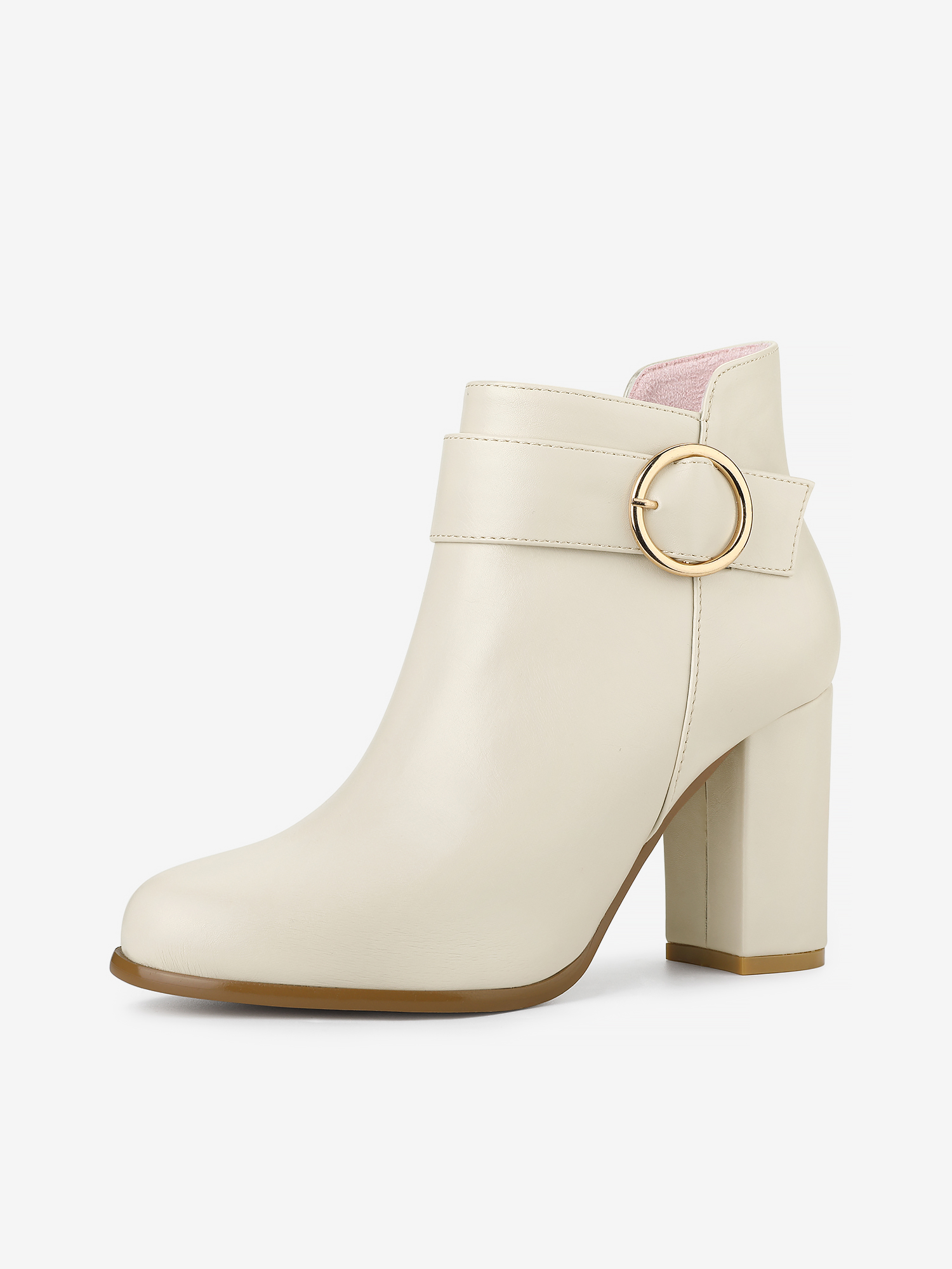 Round Toe Circle Buckle Chunky Heel Ankle Boots Beige/6