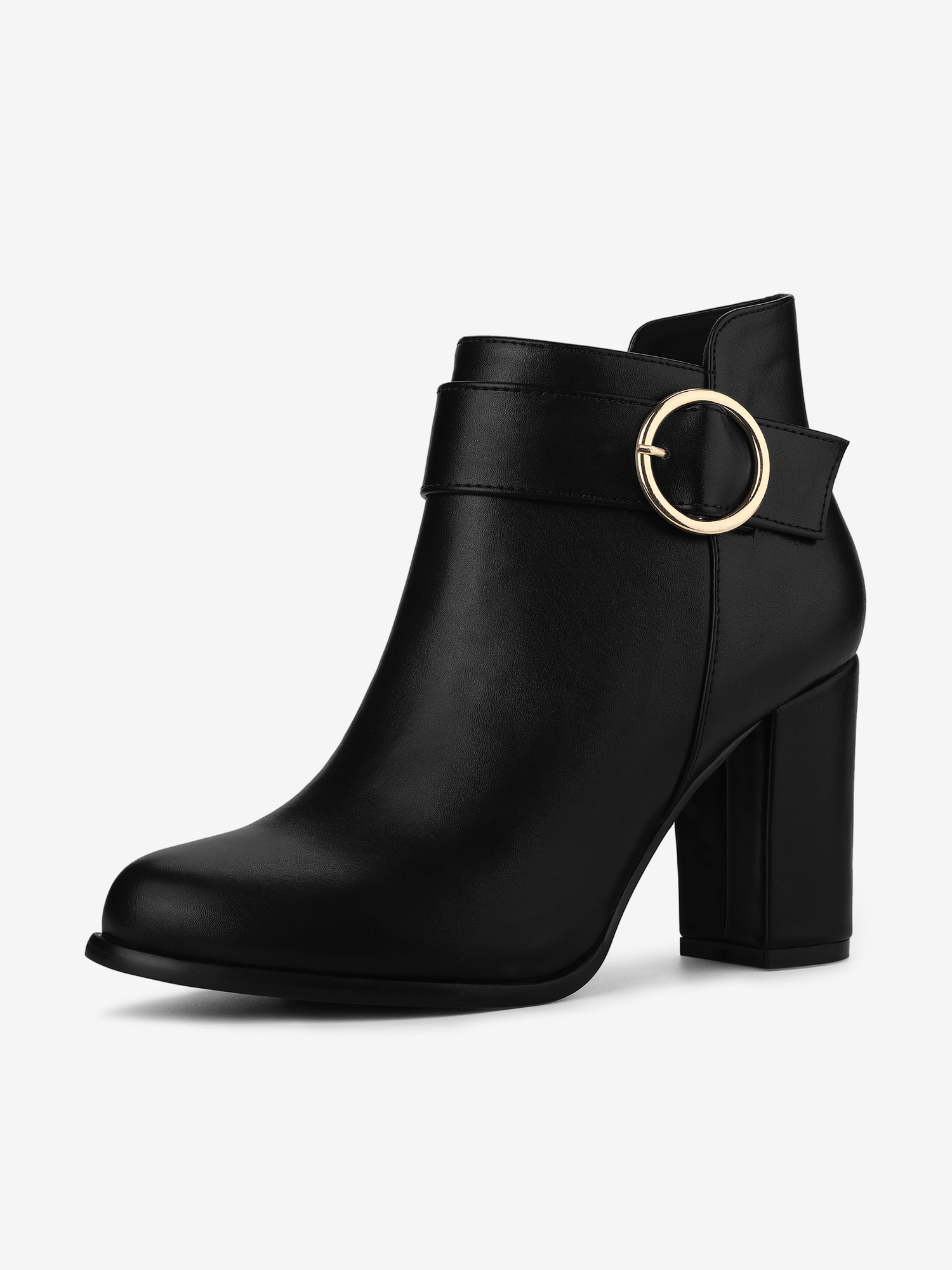 Round Toe Circle Buckle Chunky Heel Ankle Boots Black/6