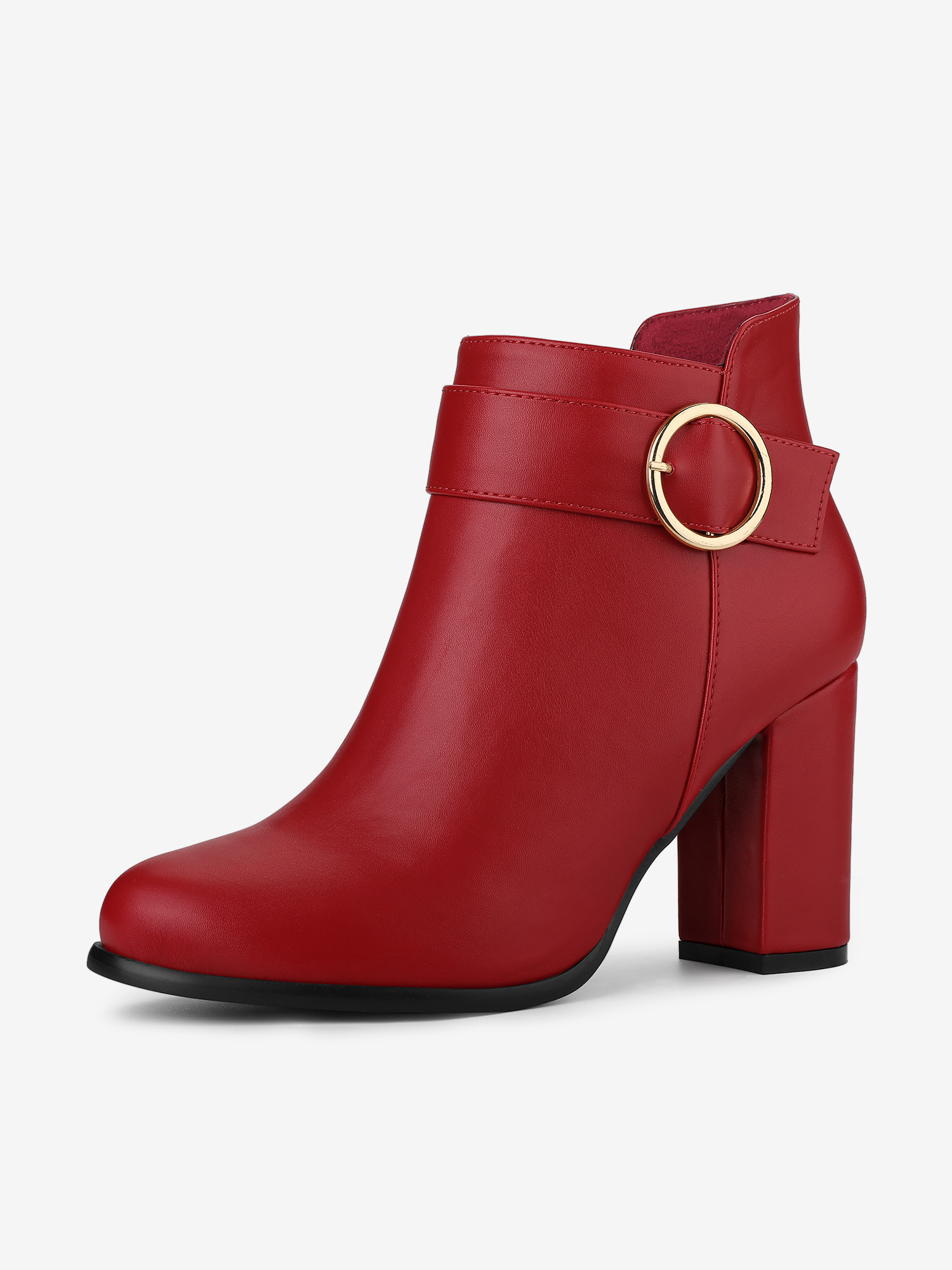 Round Toe Circle Buckle Chunky Heel Ankle Boots Red/6