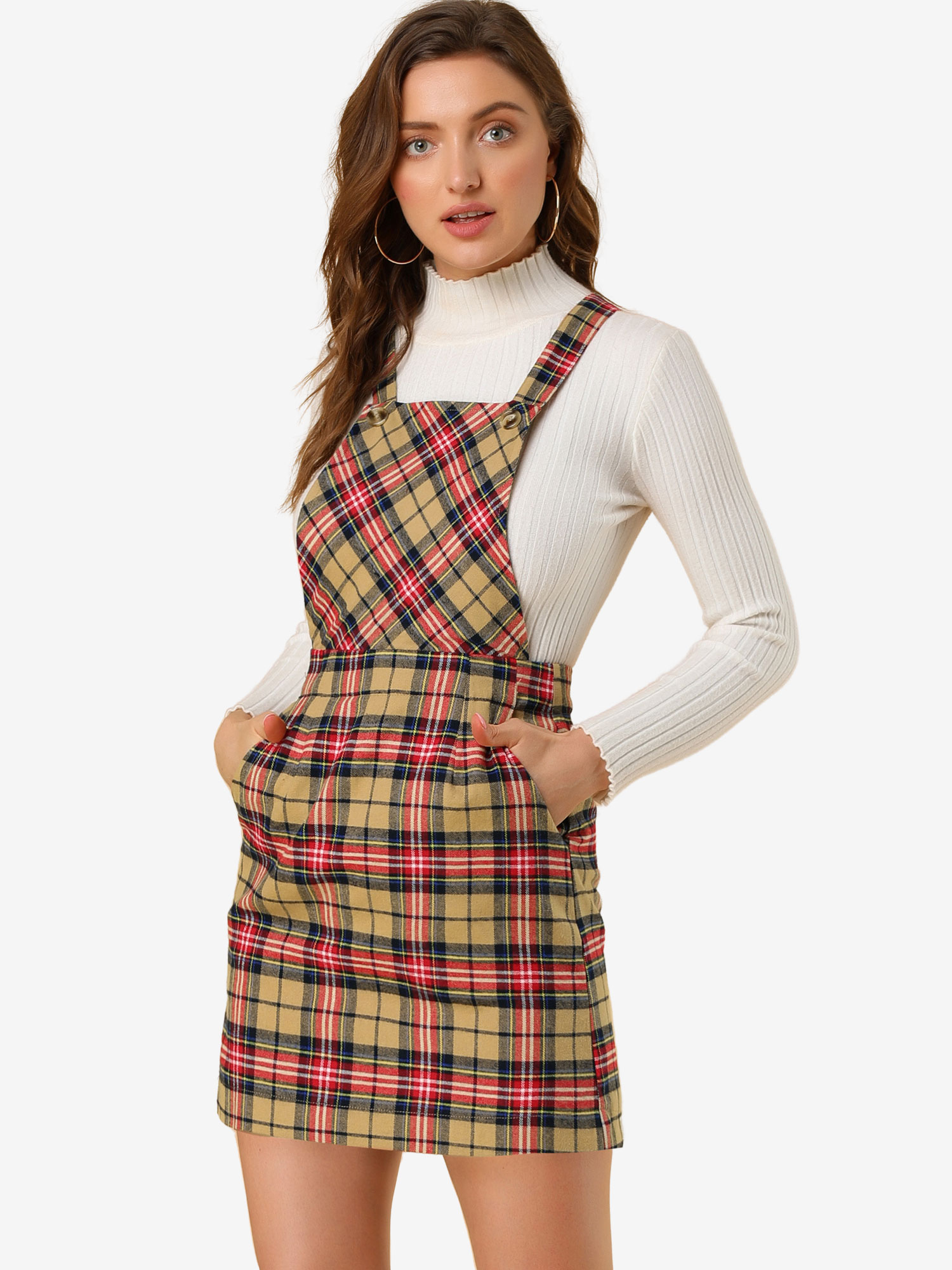 Overall Bib Plaid Adjustable Strap Pinafore Mini Suspender Skirt Beige/S